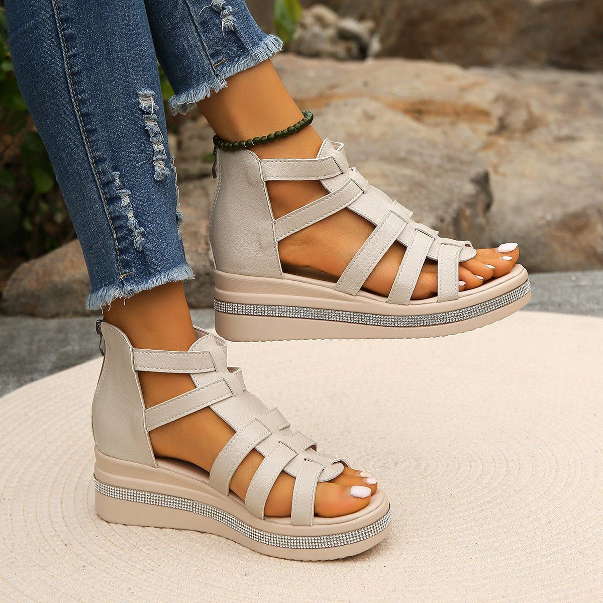 Cutout Rhinestone Trim Wedge Sandals - Flip Flop Dynasty