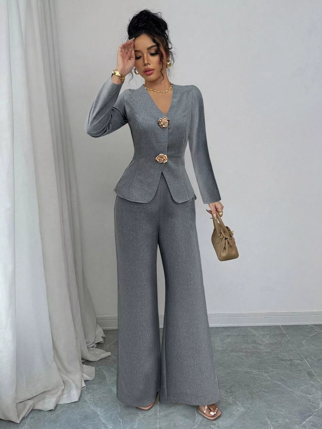 Decor Buckle Blazer & Wide Leg Pants Set - Flip Flop Dynasty