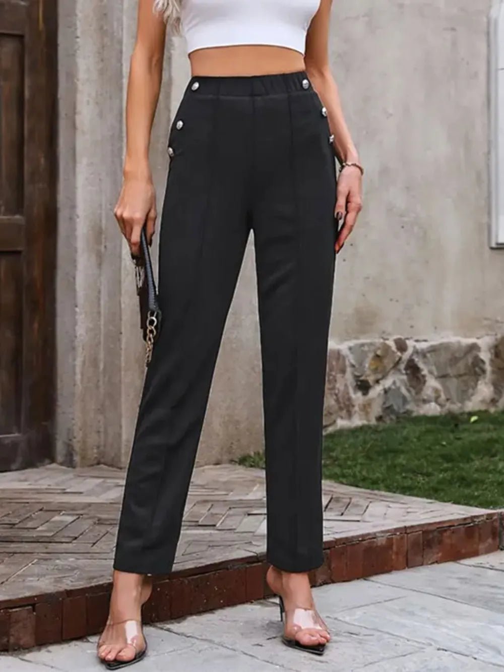 Decorative Button Elastic Waist Pants - Flip Flop Dynasty