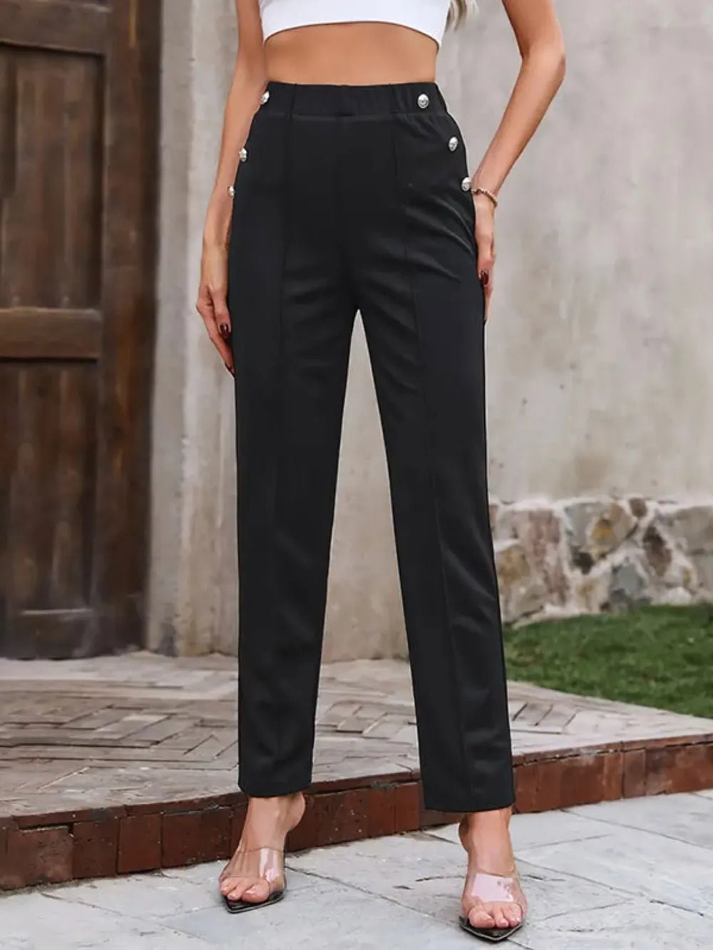 Decorative Button Elastic Waist Pants - Flip Flop Dynasty