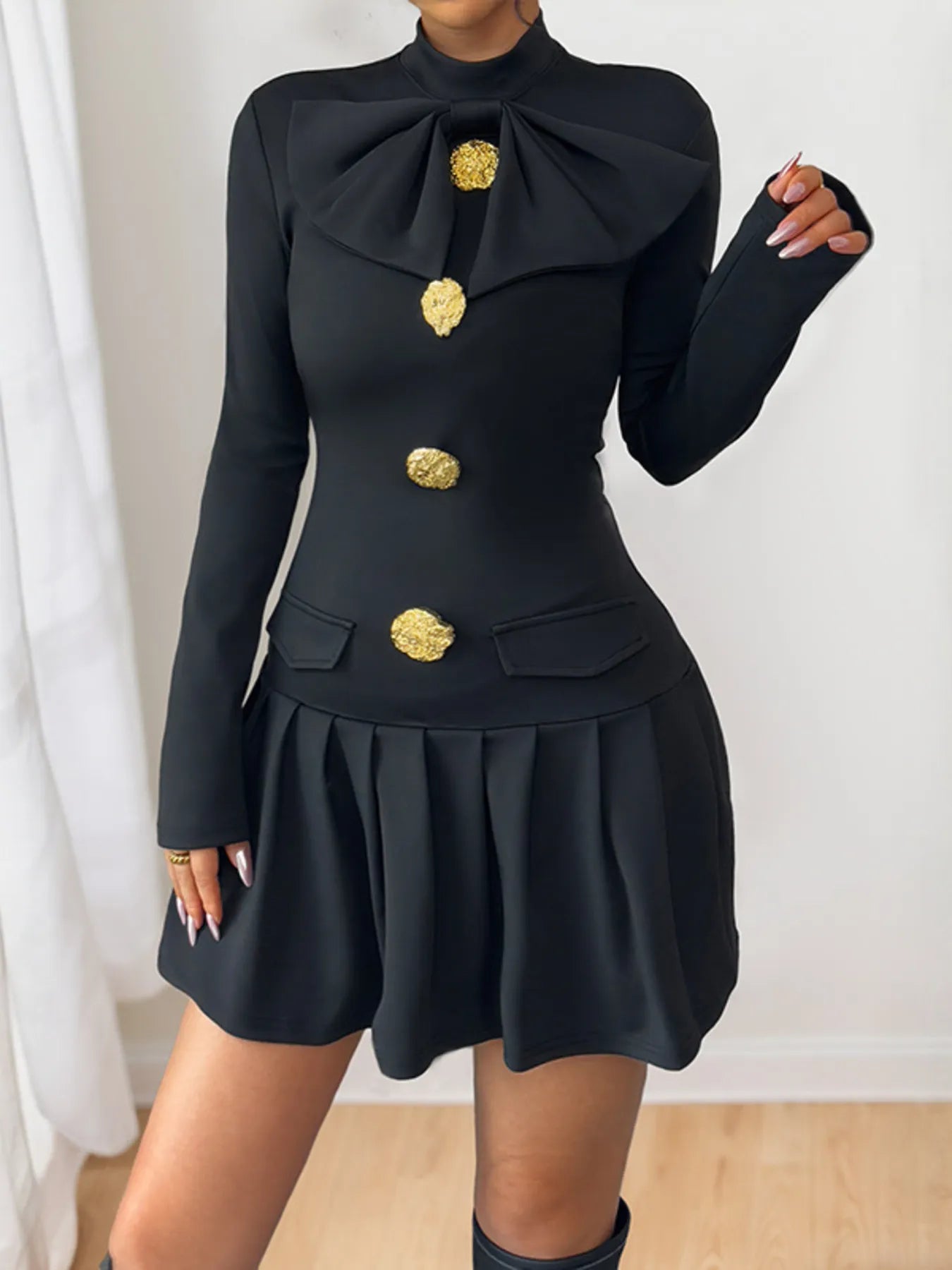 Decorative Button Mock Neck Long Sleeve Mini Dress - Flip Flop Dynasty