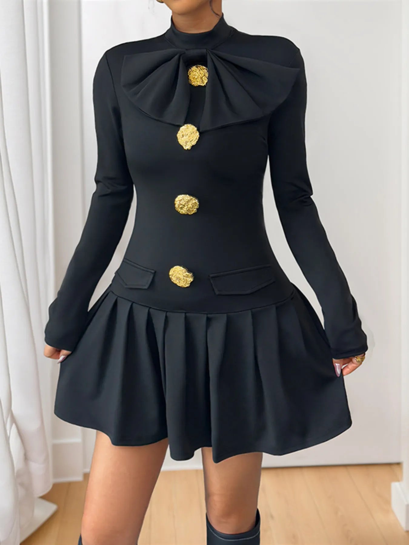 Decorative Button Mock Neck Long Sleeve Mini Dress - Flip Flop Dynasty