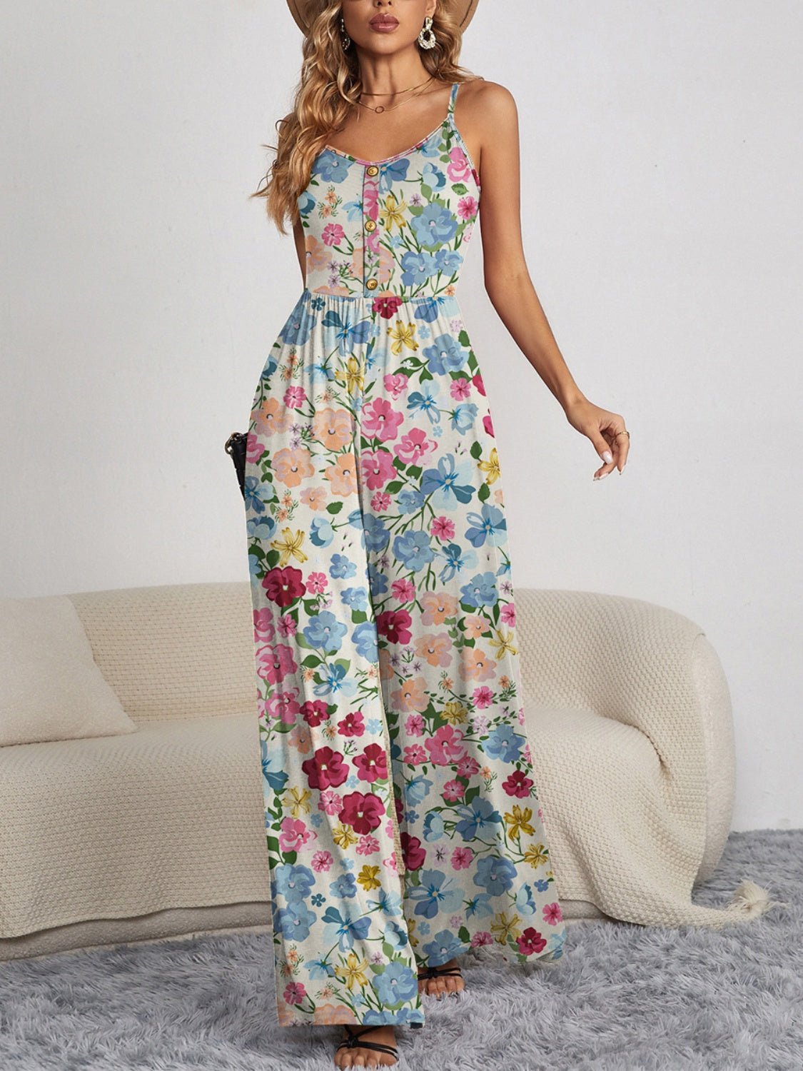 Decorative Button Spaghetti Strap Wide Leg Jumpsuit - Flip Flop Dynasty