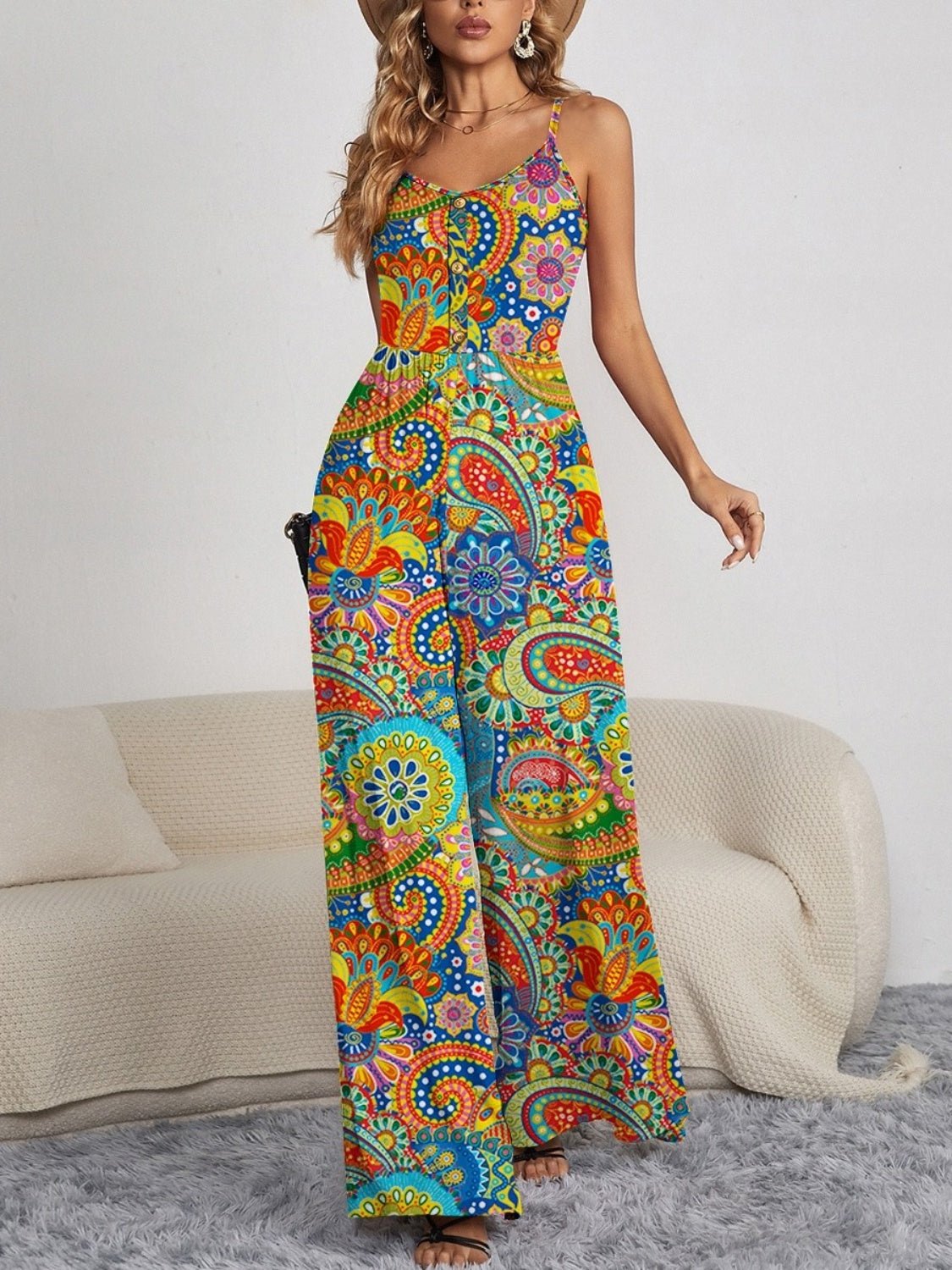 Decorative Button Spaghetti Strap Wide Leg Jumpsuit - Flip Flop Dynasty