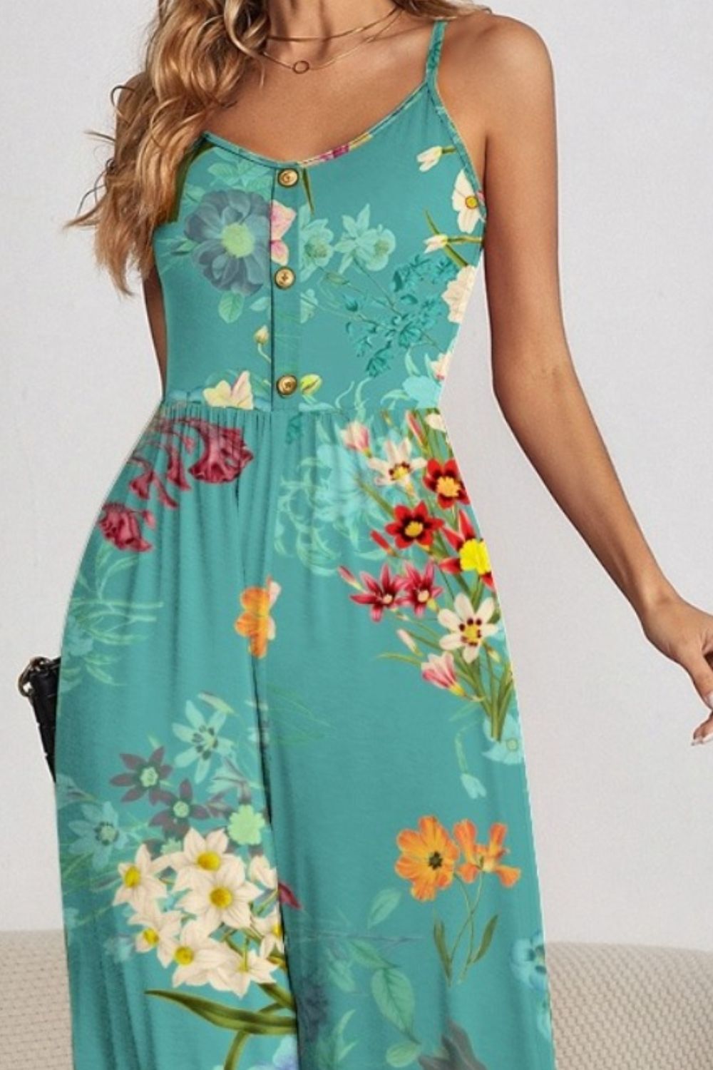 Decorative Button Spaghetti Strap Wide Leg Jumpsuit - Flip Flop Dynasty