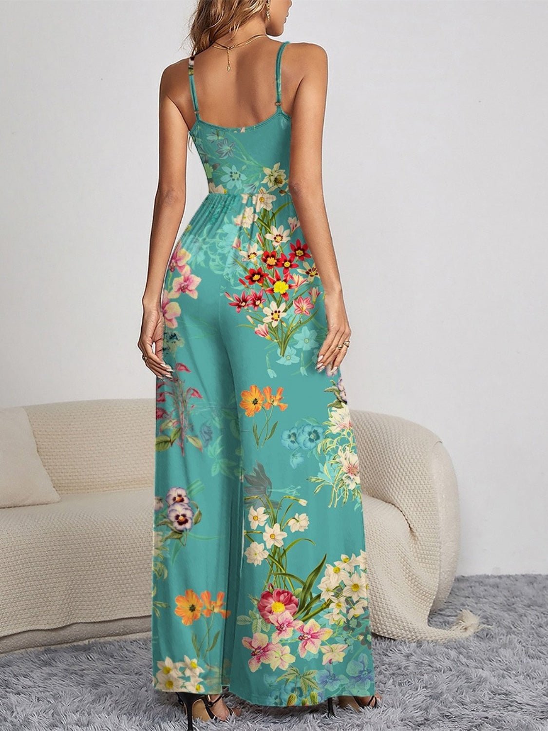 Decorative Button Spaghetti Strap Wide Leg Jumpsuit - Flip Flop Dynasty