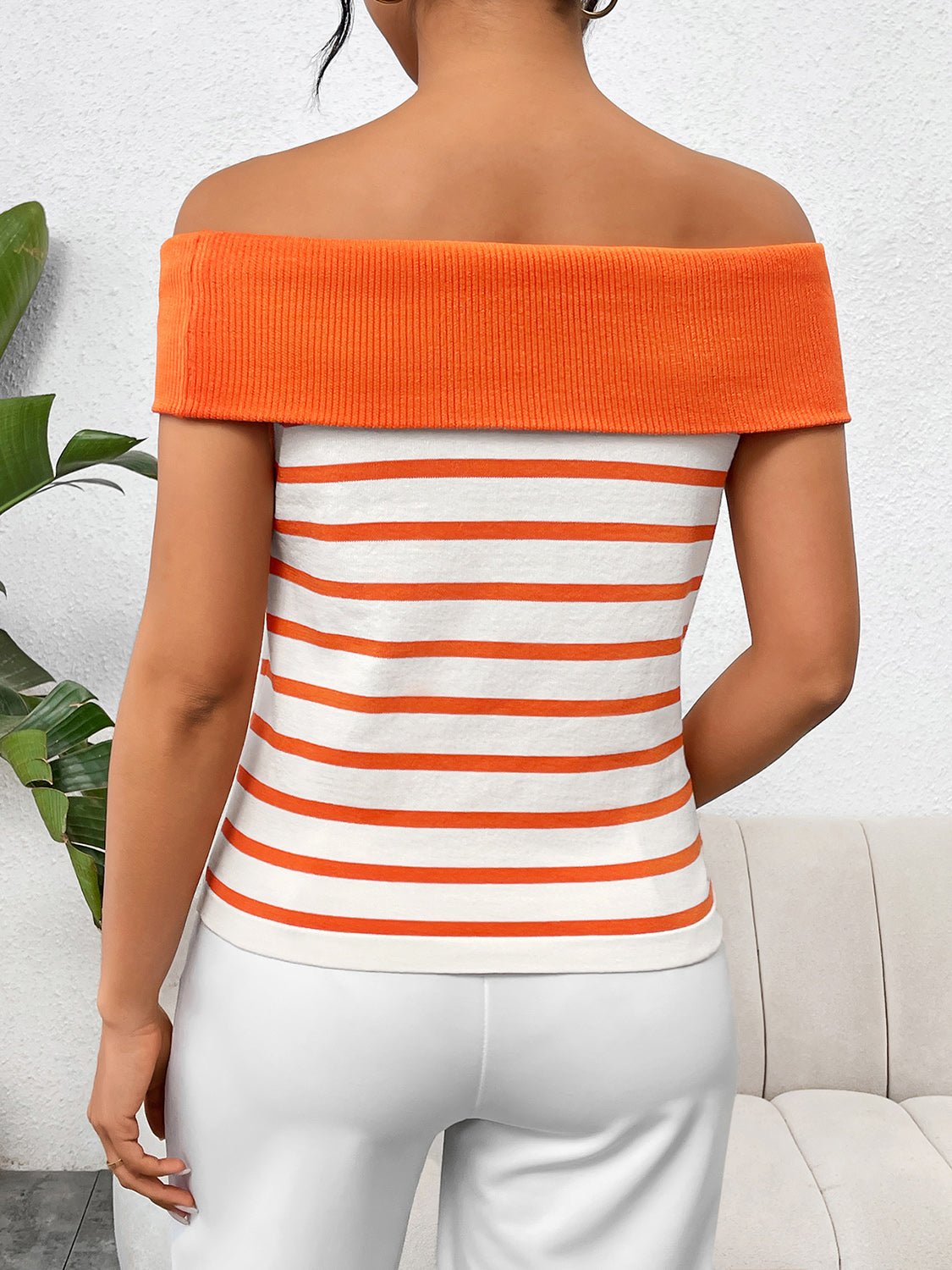 Decorative Button Striped Off - Shoulder Knit Top - Flip Flop Dynasty