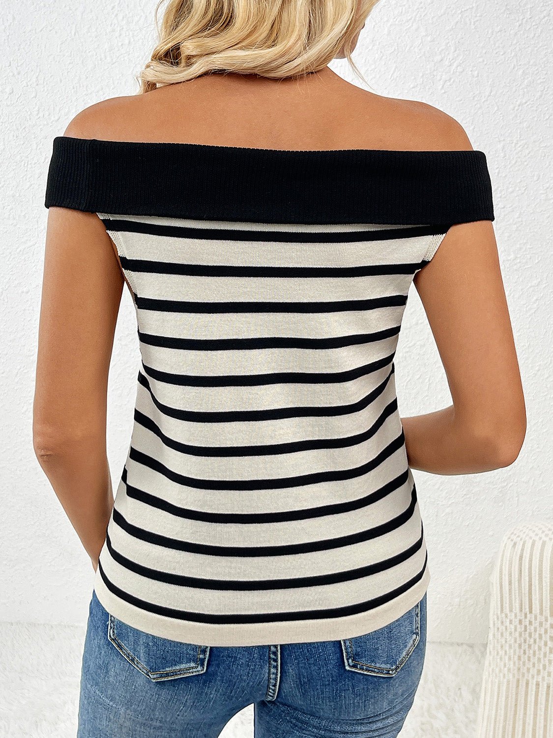 Decorative Button Striped Off - Shoulder Knit Top - Flip Flop Dynasty