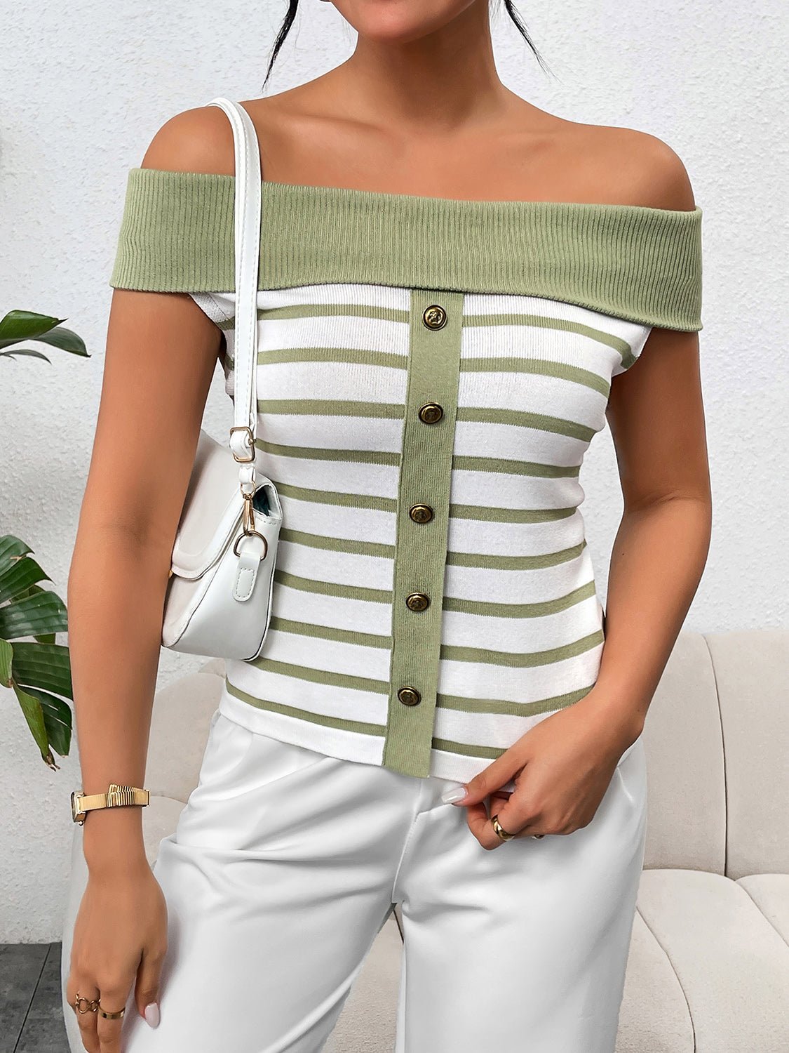 Decorative Button Striped Off - Shoulder Knit Top - Flip Flop Dynasty
