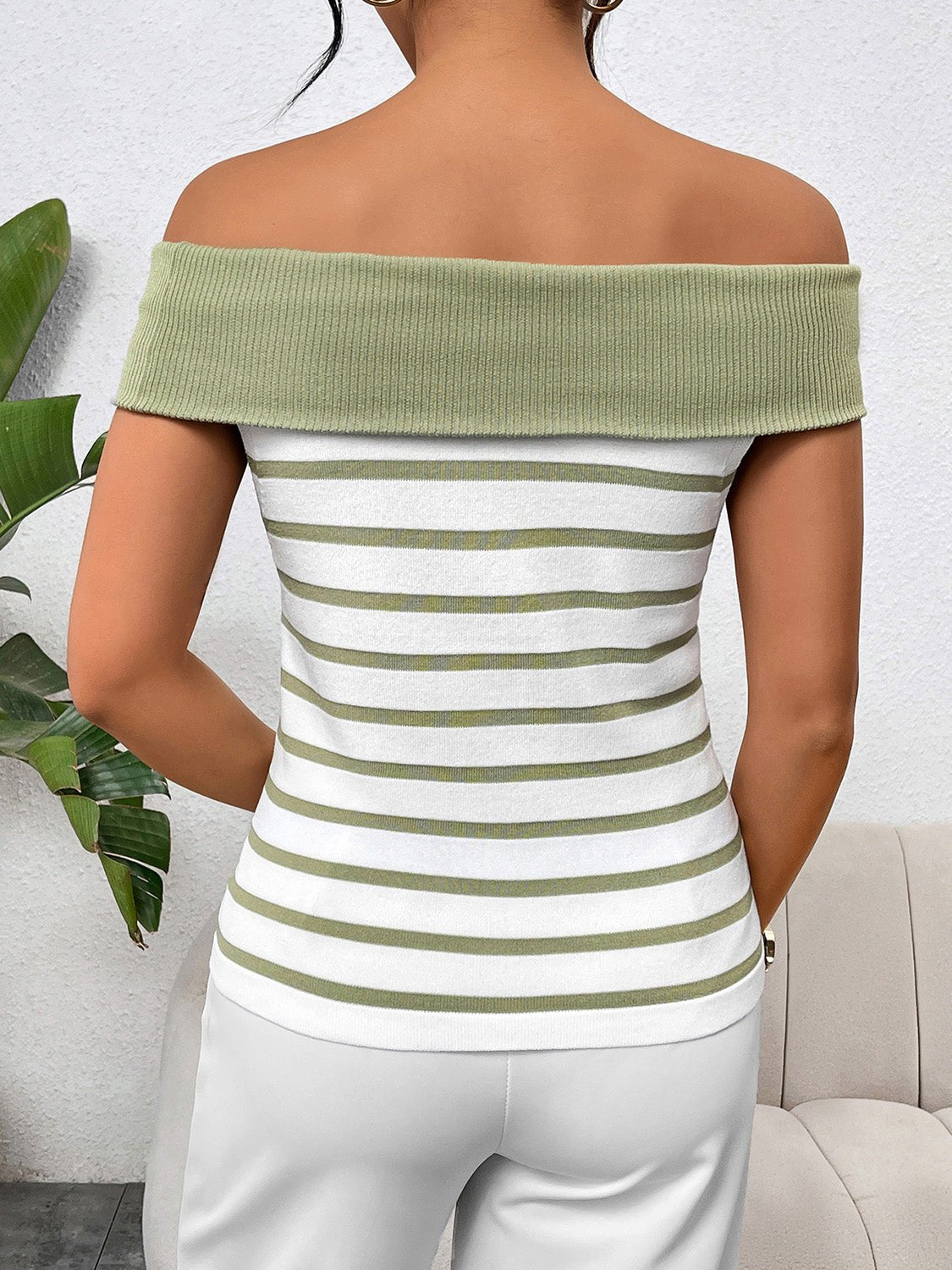 Decorative Button Striped Off - Shoulder Knit Top - Flip Flop Dynasty