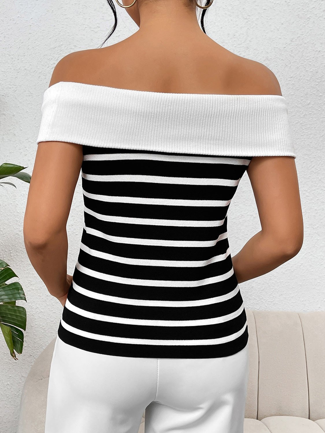 Decorative Button Striped Off - Shoulder Knit Top - Flip Flop Dynasty