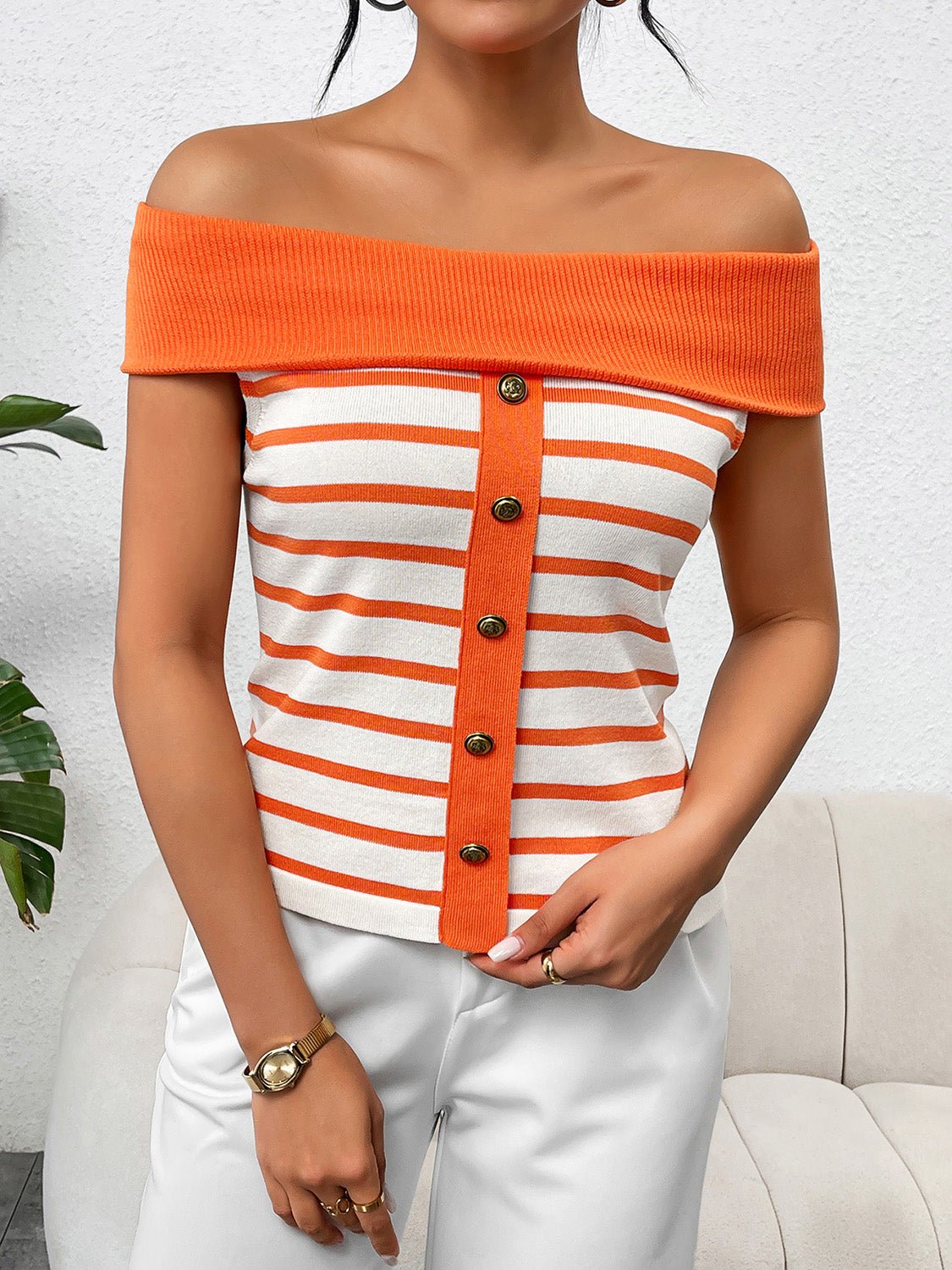 Decorative Button Striped Off - Shoulder Knit Top - Flip Flop Dynasty