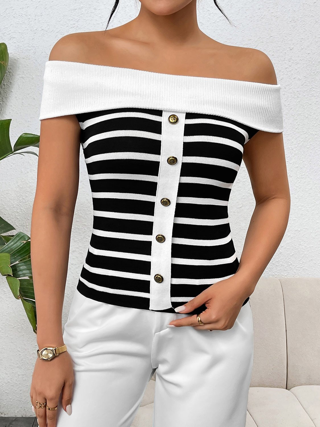 Decorative Button Striped Off - Shoulder Knit Top - Flip Flop Dynasty