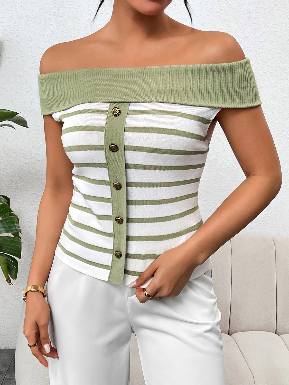 Decorative Button Striped Off - Shoulder Knit Top - Flip Flop Dynasty