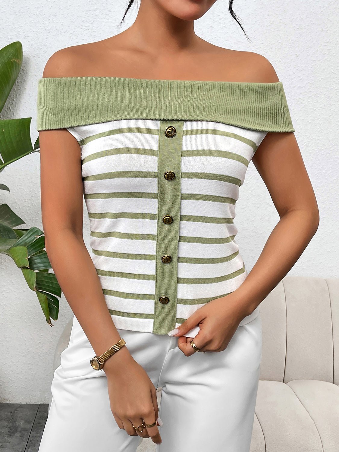 Decorative Button Striped Off - Shoulder Knit Top - Flip Flop Dynasty
