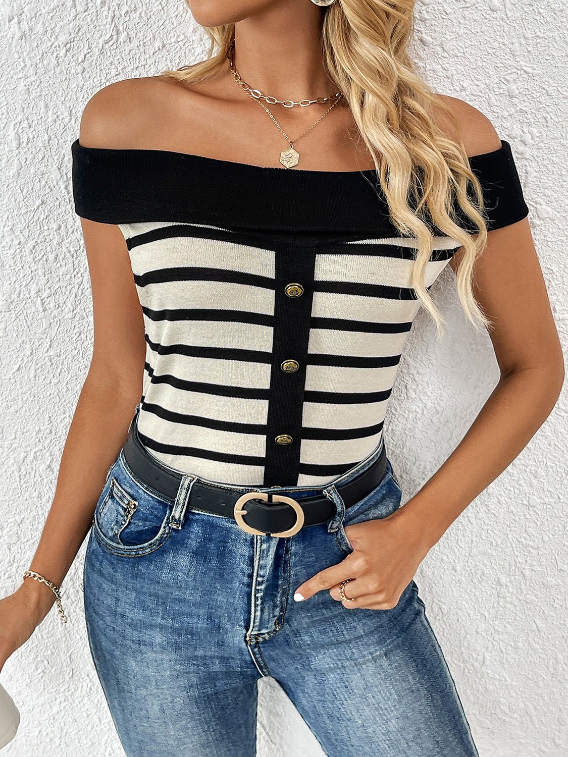 Decorative Button Striped Off - Shoulder Knit Top - Flip Flop Dynasty