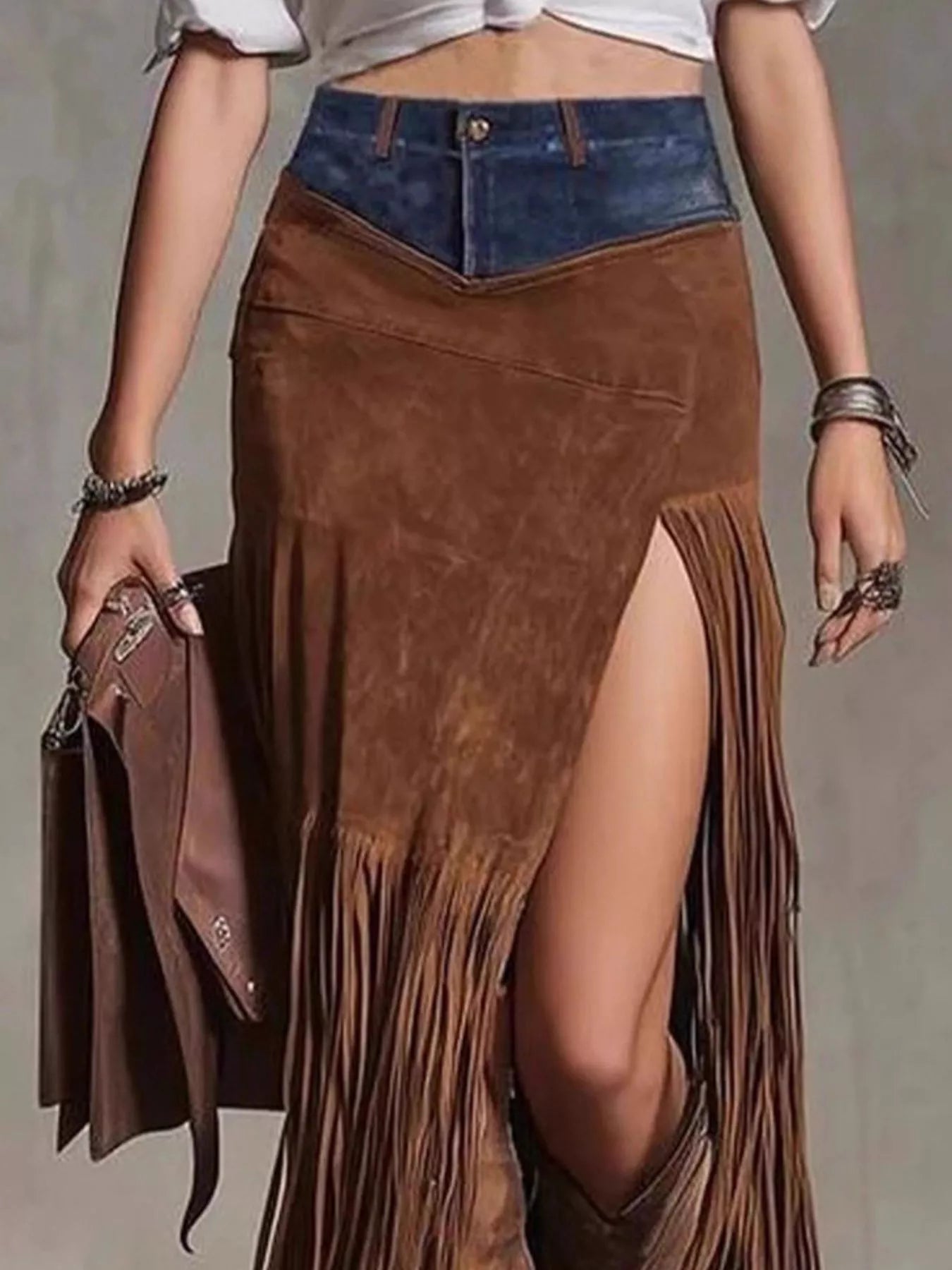 Denim Patchwork Fringe Maxi Skirt - Flip Flop Dynasty