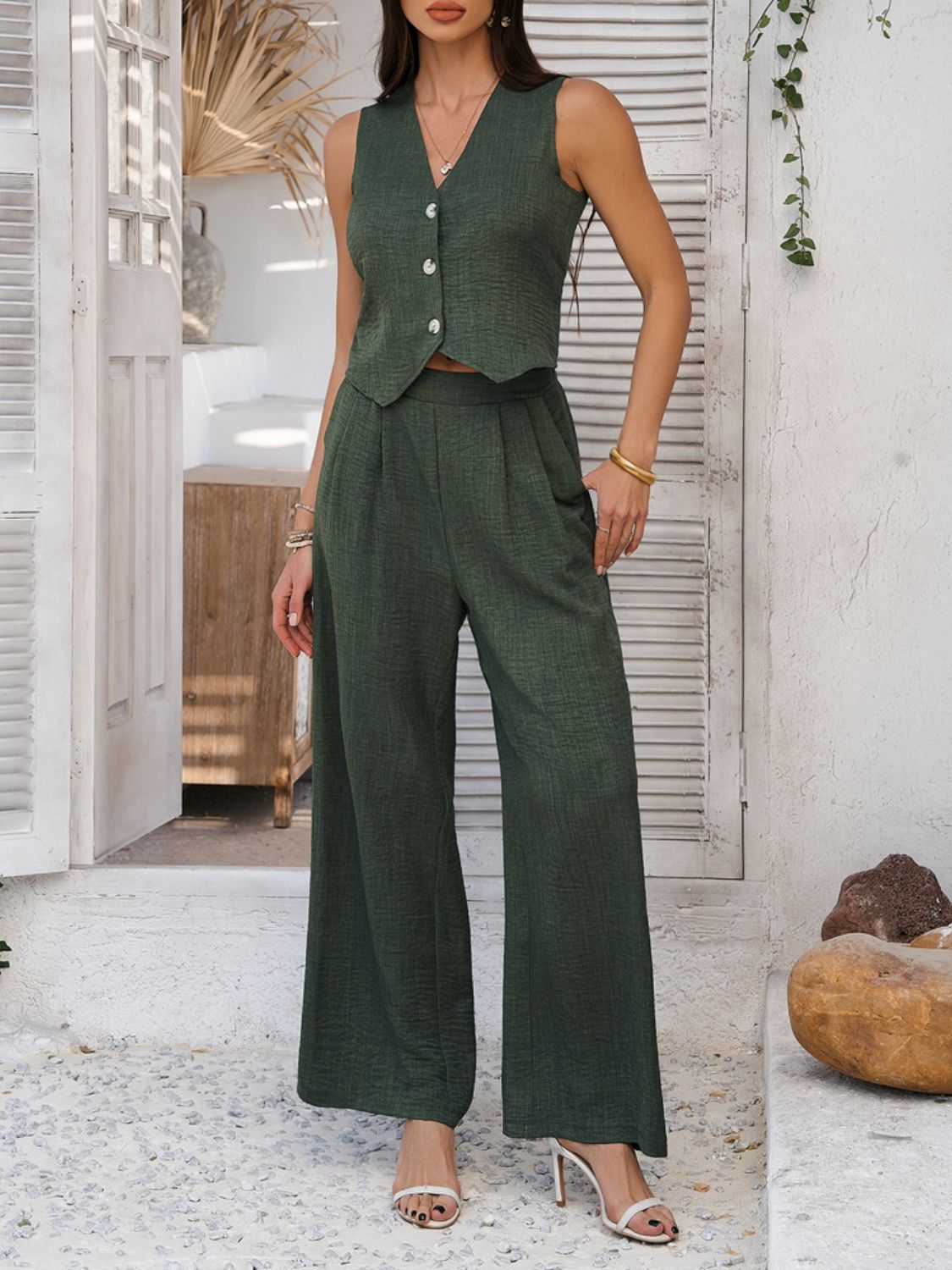 Devine Button Down Vest and Wide Leg Pants Set - Flip Flop Dynasty