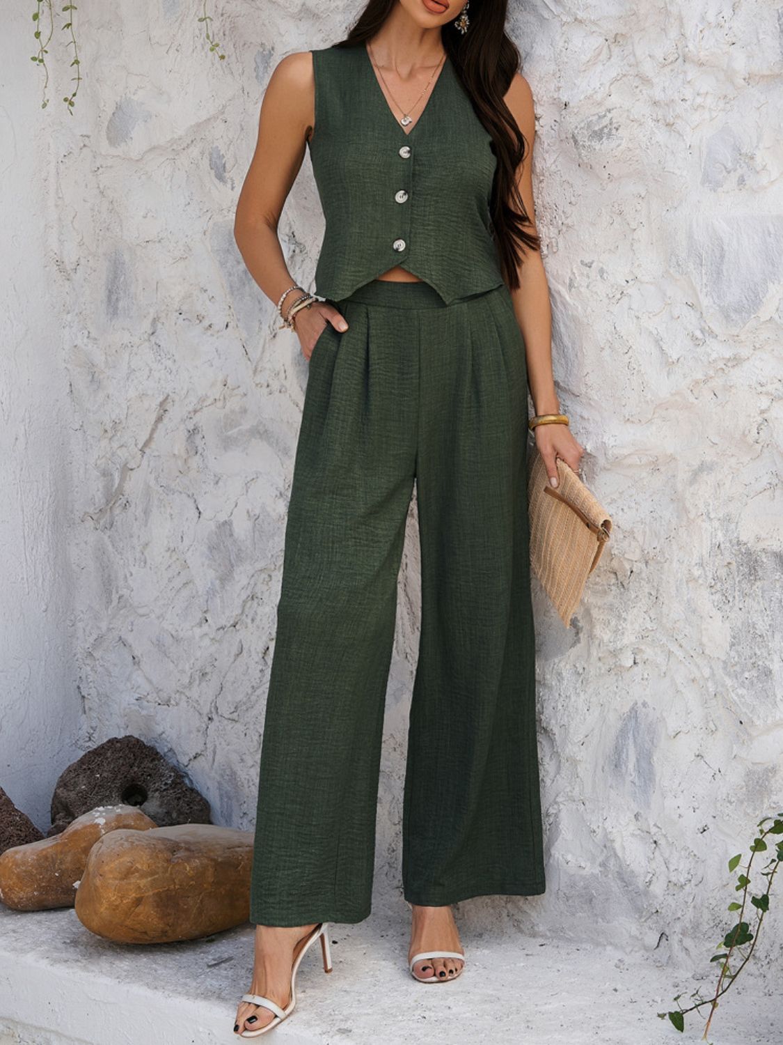 Devine Button Down Vest and Wide Leg Pants Set - Flip Flop Dynasty