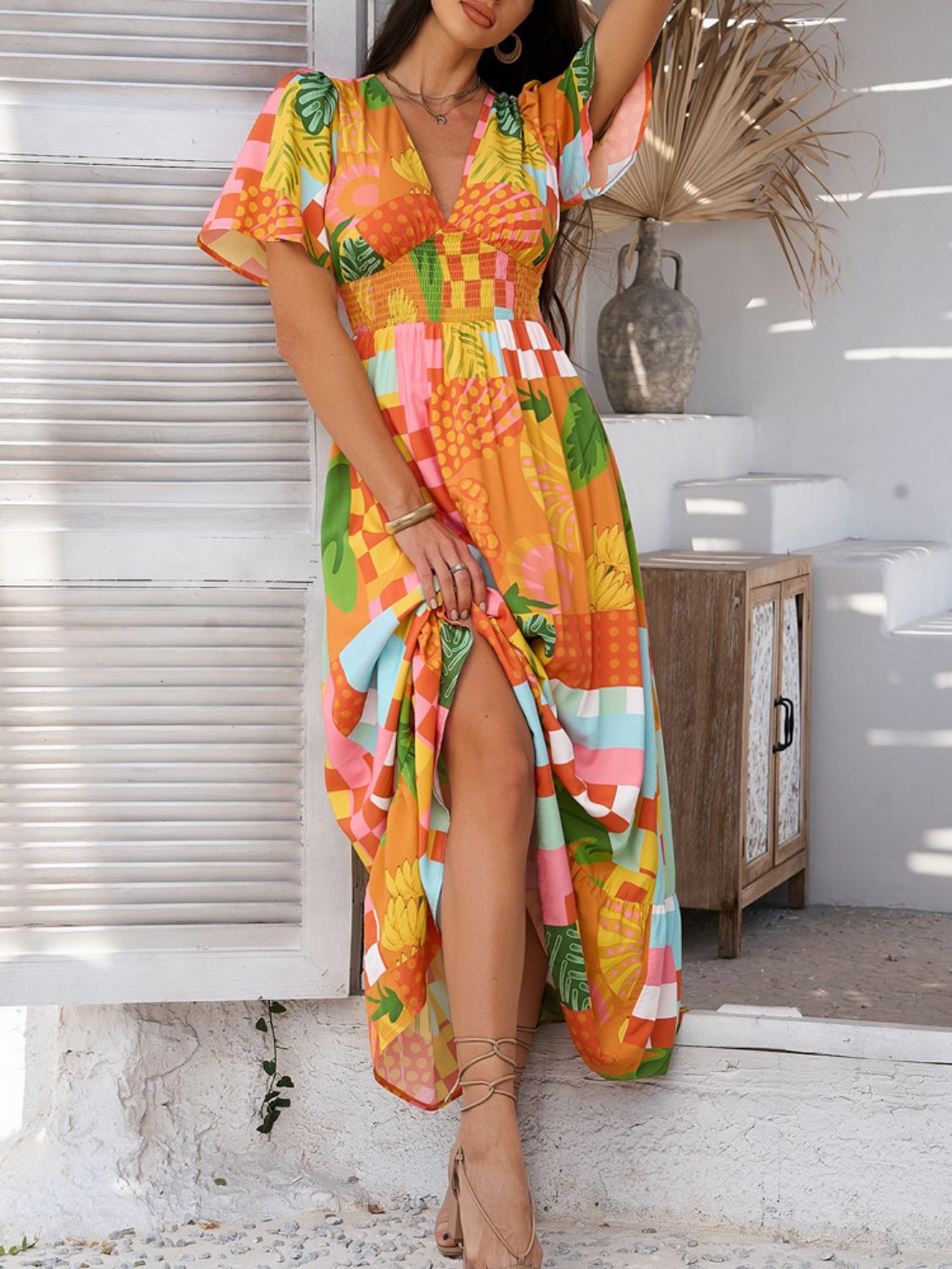 Devine Smocked Printed V - Neck Short Sleeve Maxi Dress - Flip Flop Dynasty