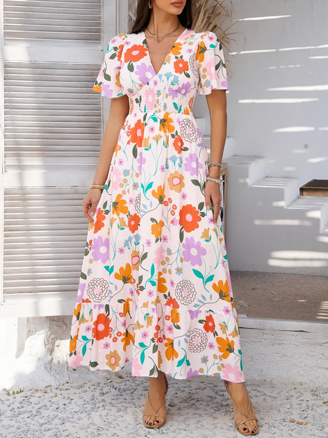 Devine Smocked Printed V - Neck Short Sleeve Maxi Dress - Flip Flop Dynasty