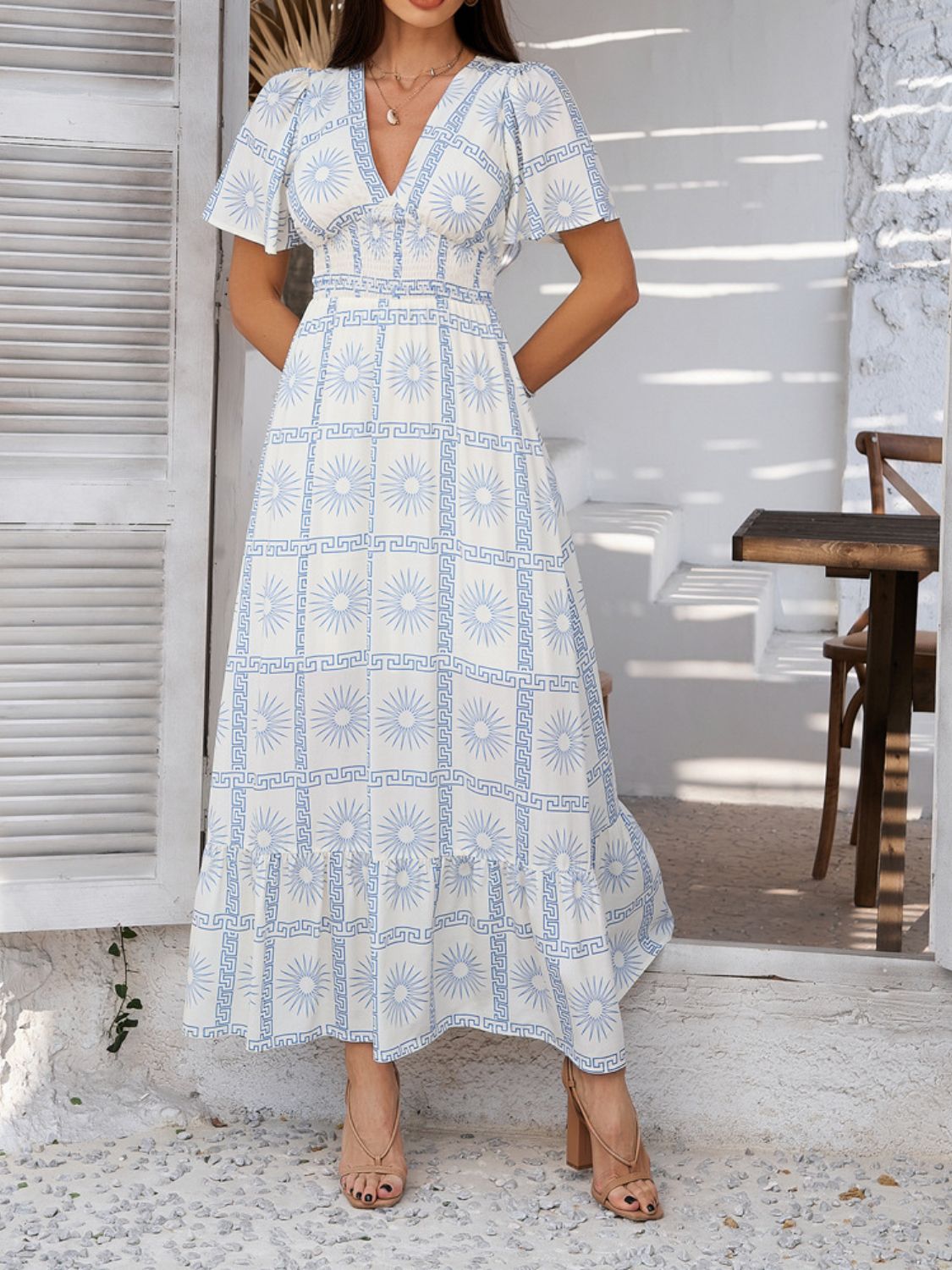 Devine Smocked Printed V - Neck Short Sleeve Maxi Dress - Flip Flop Dynasty