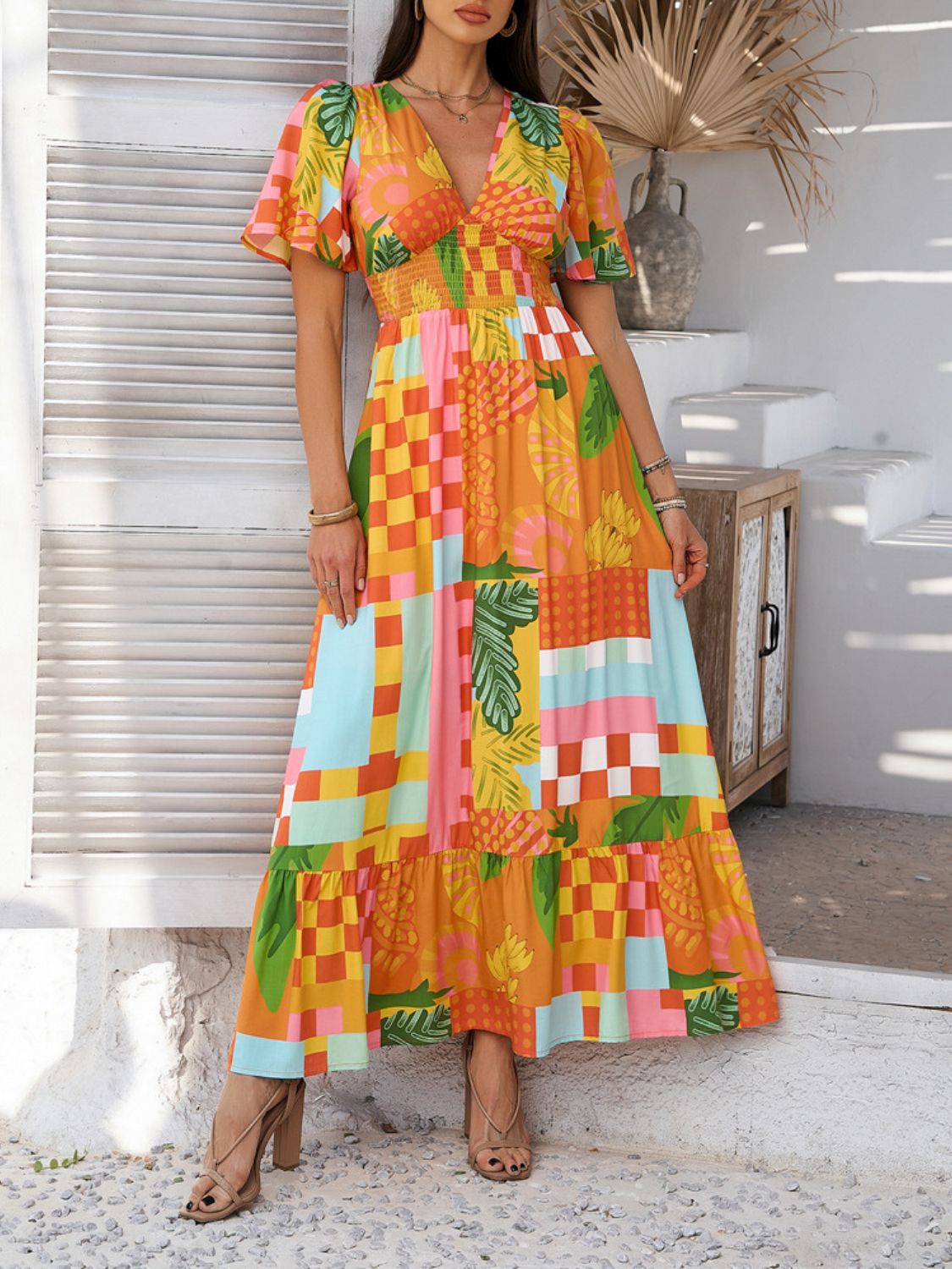 Devine Smocked Printed V - Neck Short Sleeve Maxi Dress - Flip Flop Dynasty