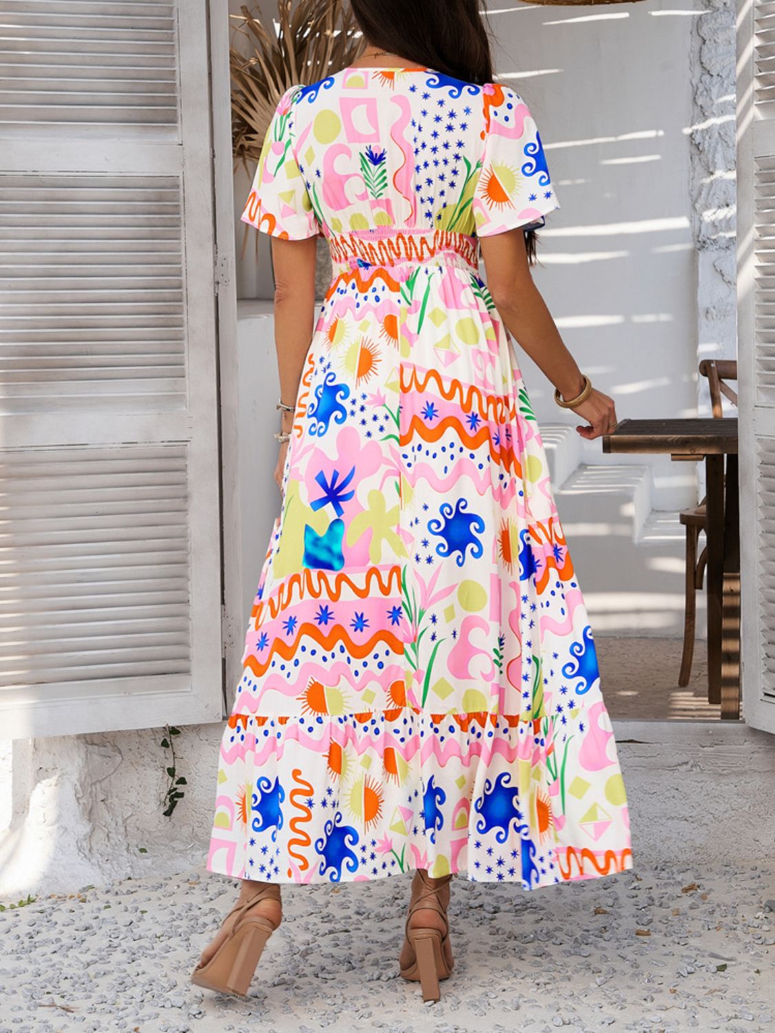 Devine Smocked Printed V - Neck Short Sleeve Maxi Dress - Flip Flop Dynasty