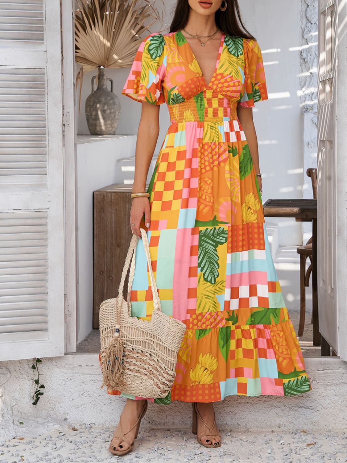 Devine Smocked Printed V - Neck Short Sleeve Maxi Dress - Flip Flop Dynasty