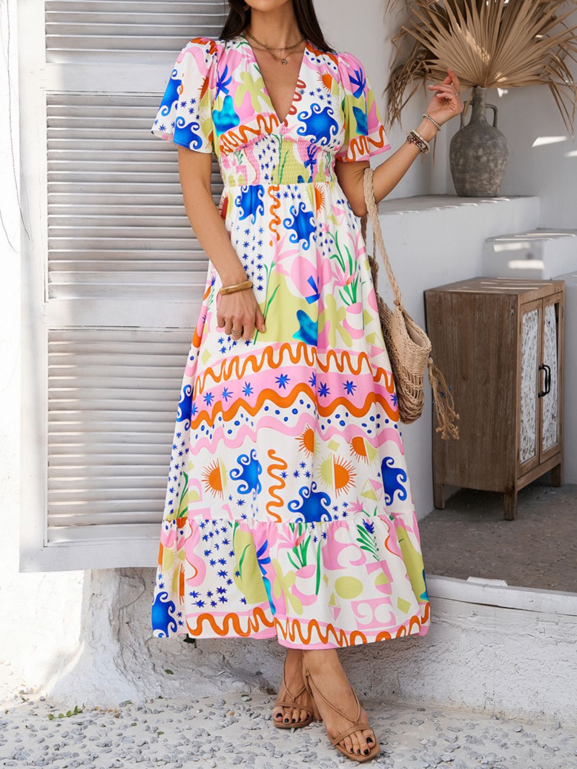 Devine Smocked Printed V - Neck Short Sleeve Maxi Dress - Flip Flop Dynasty