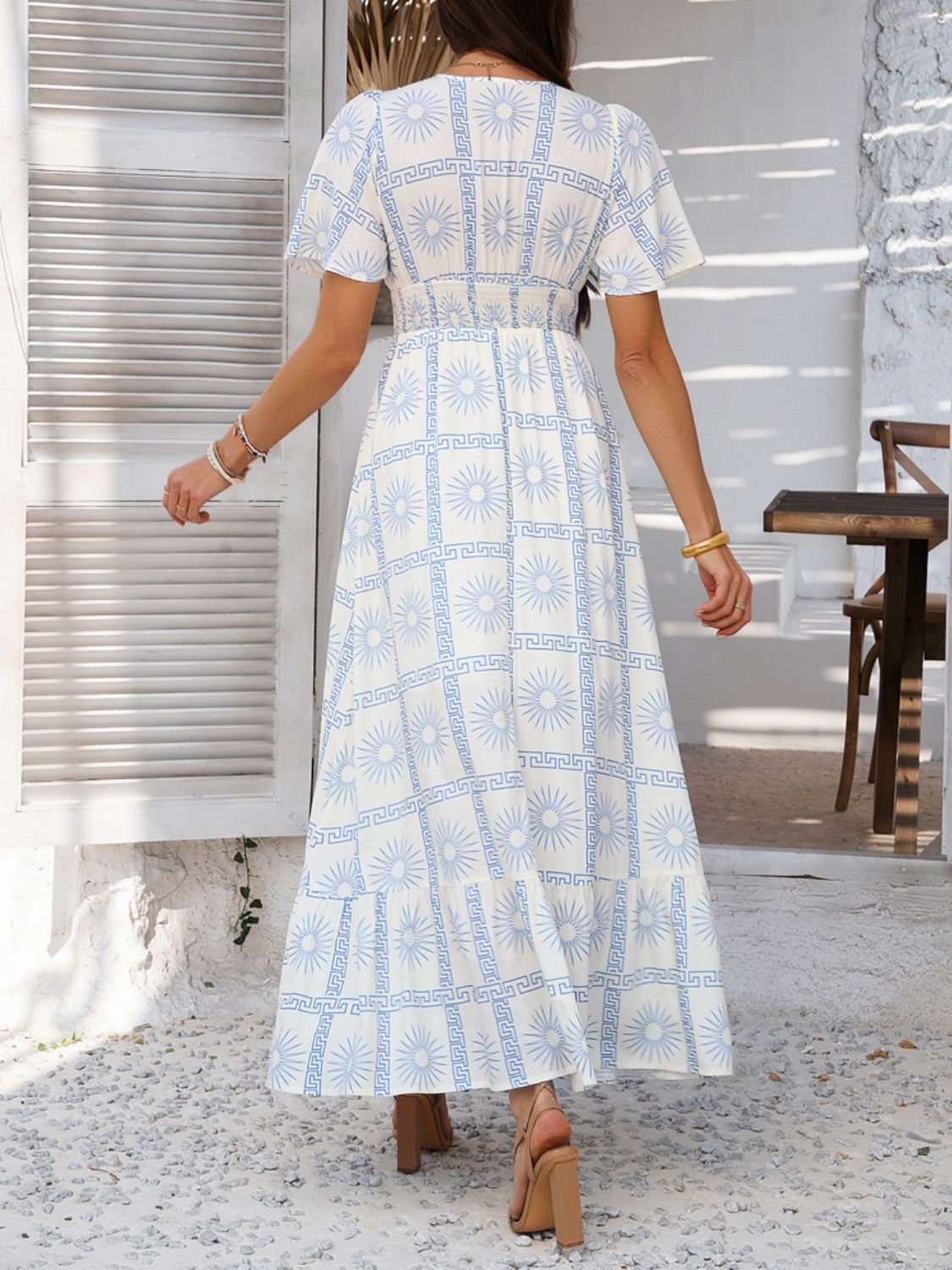 Devine Smocked Printed V - Neck Short Sleeve Maxi Dress - Flip Flop Dynasty