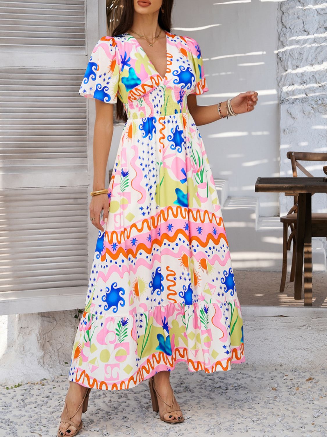 Devine Smocked Printed V - Neck Short Sleeve Maxi Dress - Flip Flop Dynasty