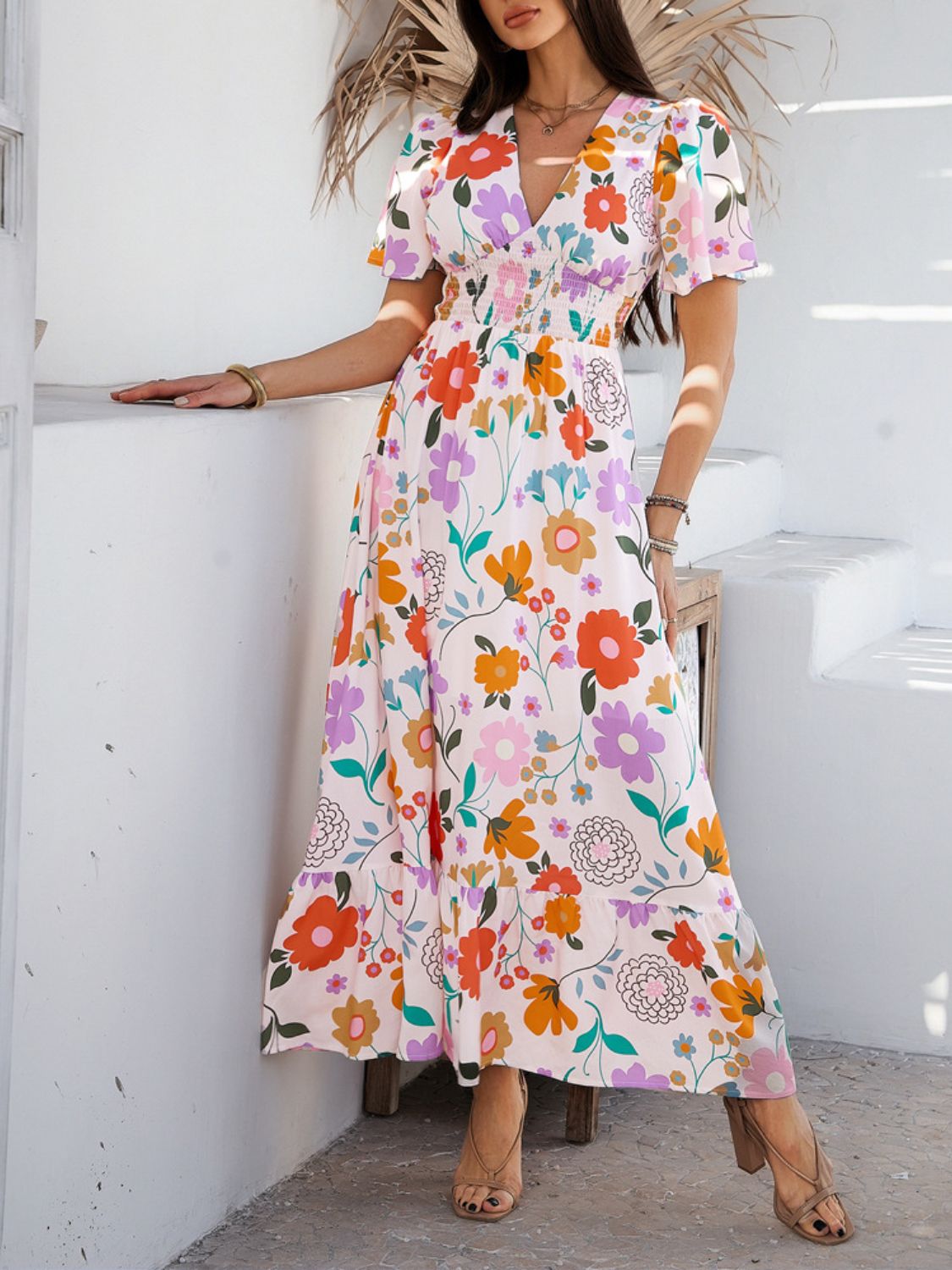 Devine Smocked Printed V - Neck Short Sleeve Maxi Dress - Flip Flop Dynasty