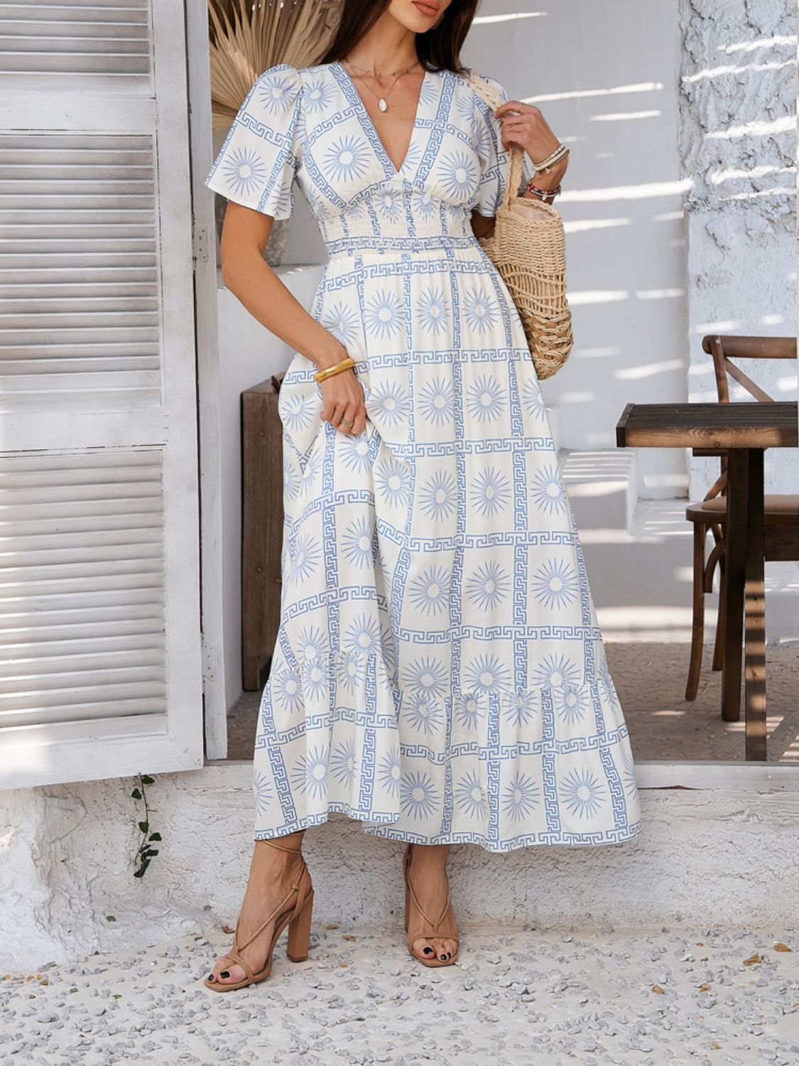 Devine Smocked Printed V - Neck Short Sleeve Maxi Dress - Flip Flop Dynasty