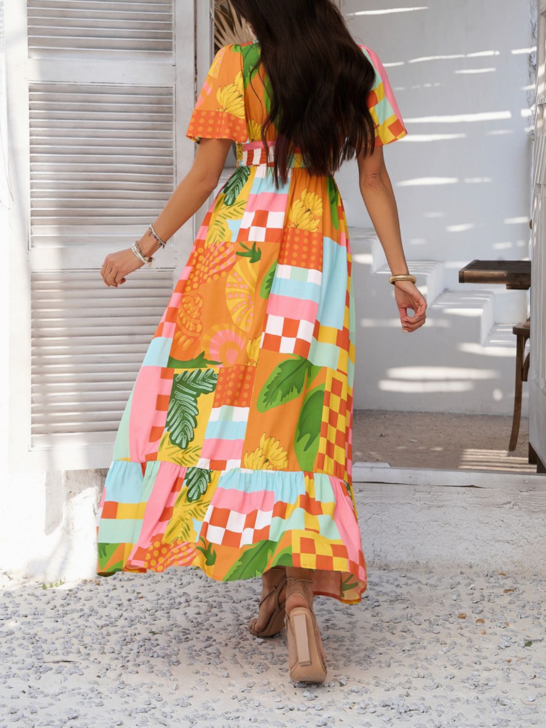 Devine Smocked Printed V - Neck Short Sleeve Maxi Dress - Flip Flop Dynasty