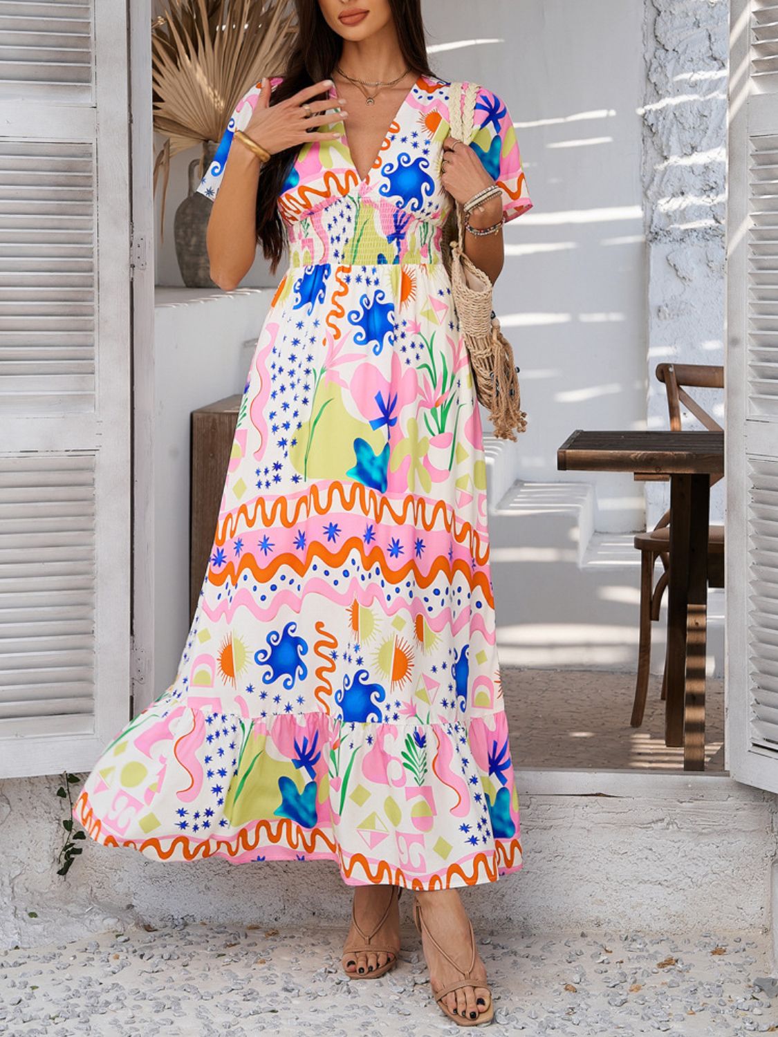 Devine Smocked Printed V - Neck Short Sleeve Maxi Dress - Flip Flop Dynasty