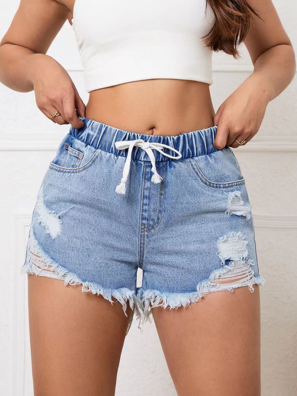 Distressed Drawstring Raw Hem Denim Shorts - Flip Flop Dynasty