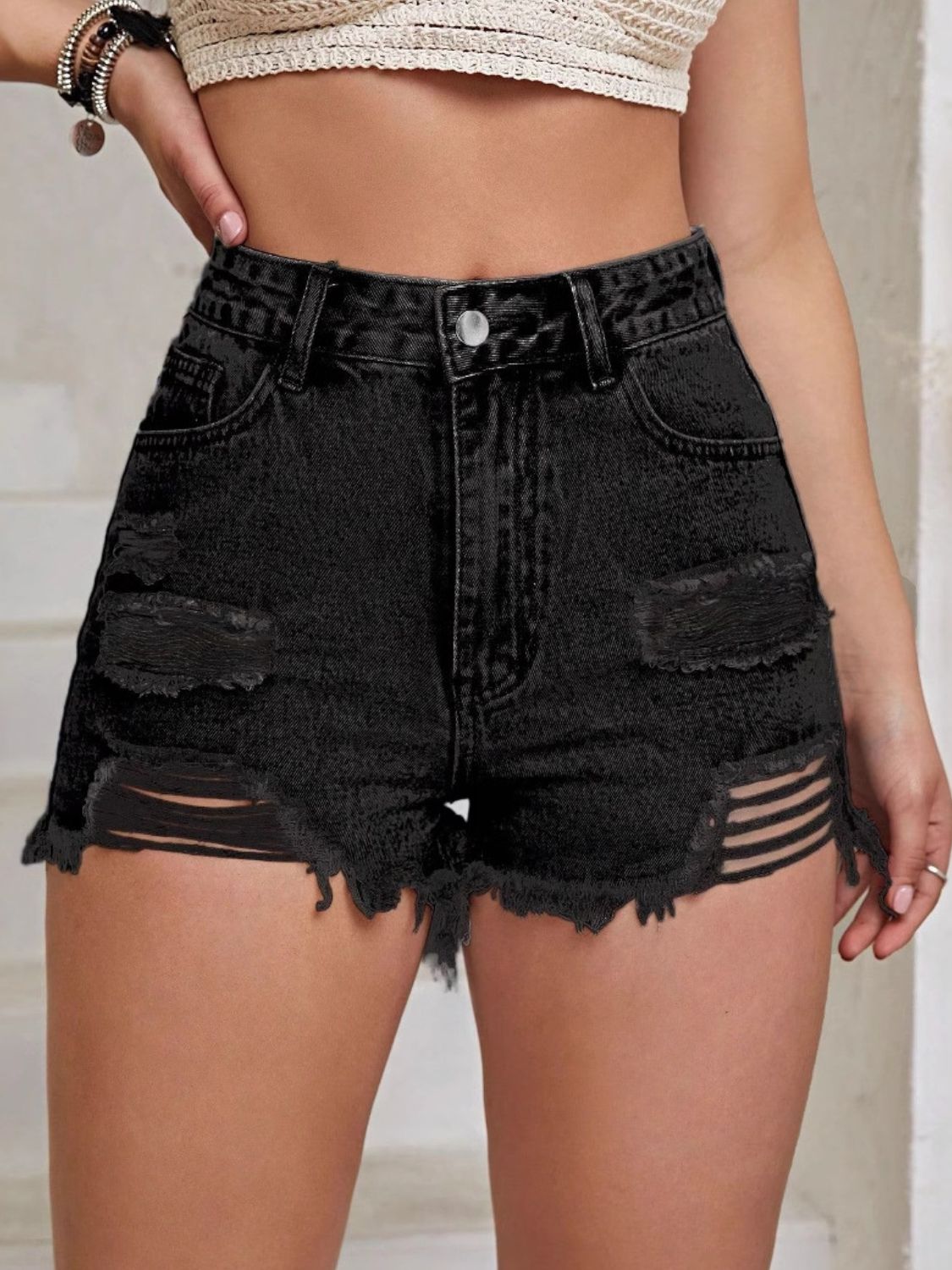 Distressed Raw Hem High Waist Denim Shorts - Flip Flop Dynasty