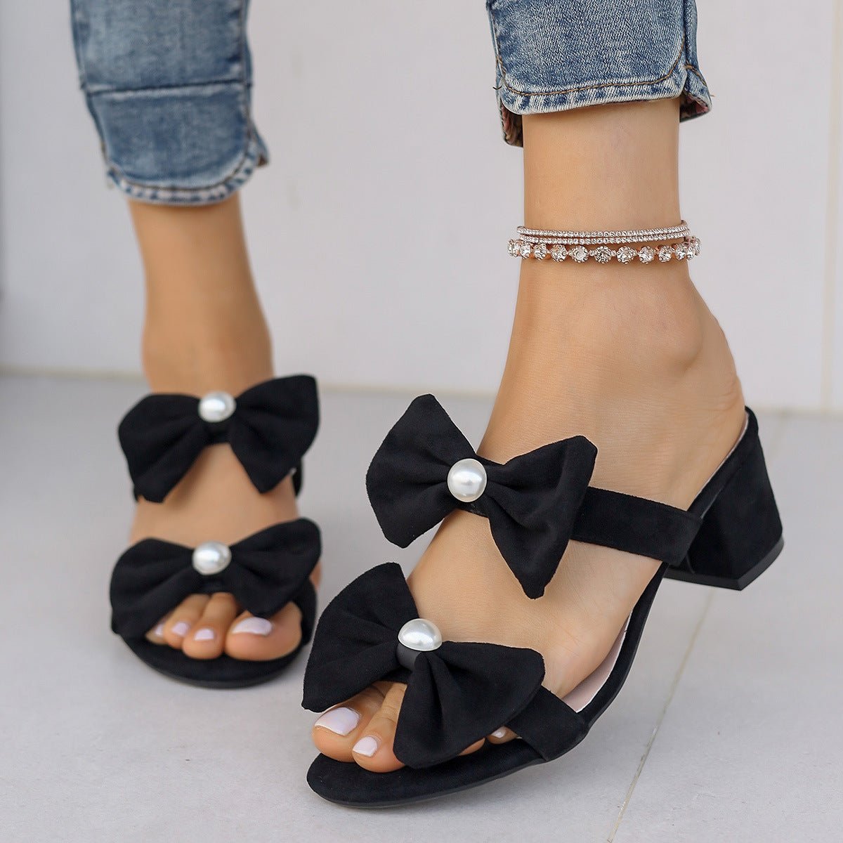 Double Bow Open Toe Block Heel Sandals - Flip Flop Dynasty