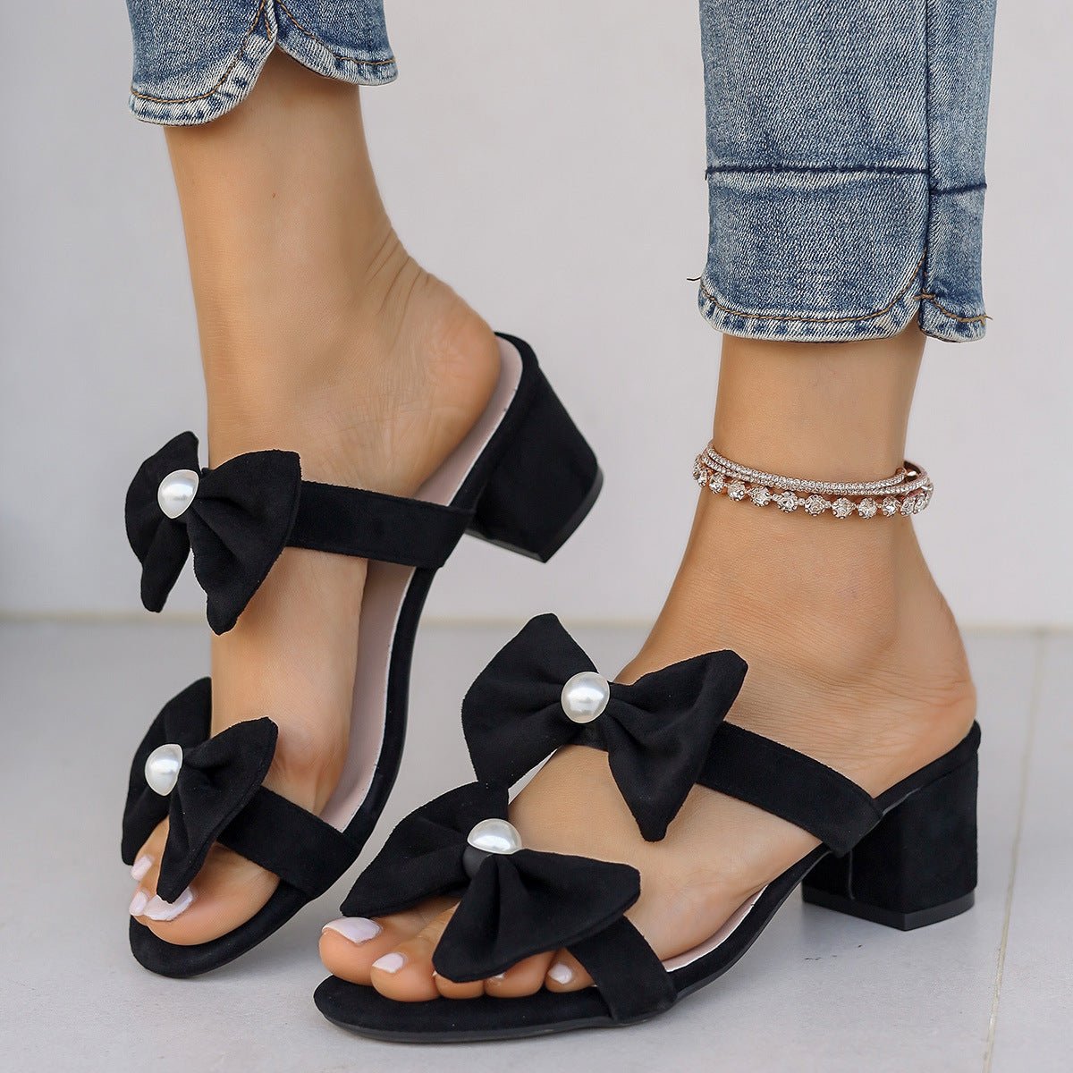 Double Bow Open Toe Block Heel Sandals - Flip Flop Dynasty