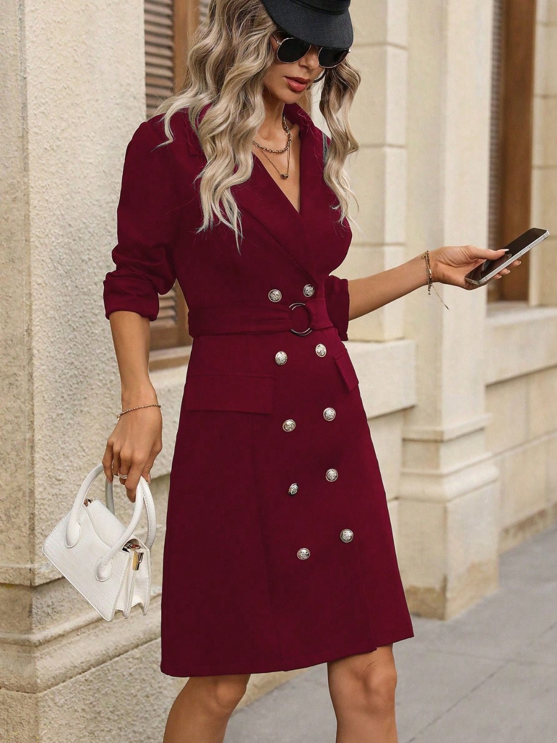 Double - Breasted Lapel Collar Long Sleeve Dress - Flip Flop Dynasty