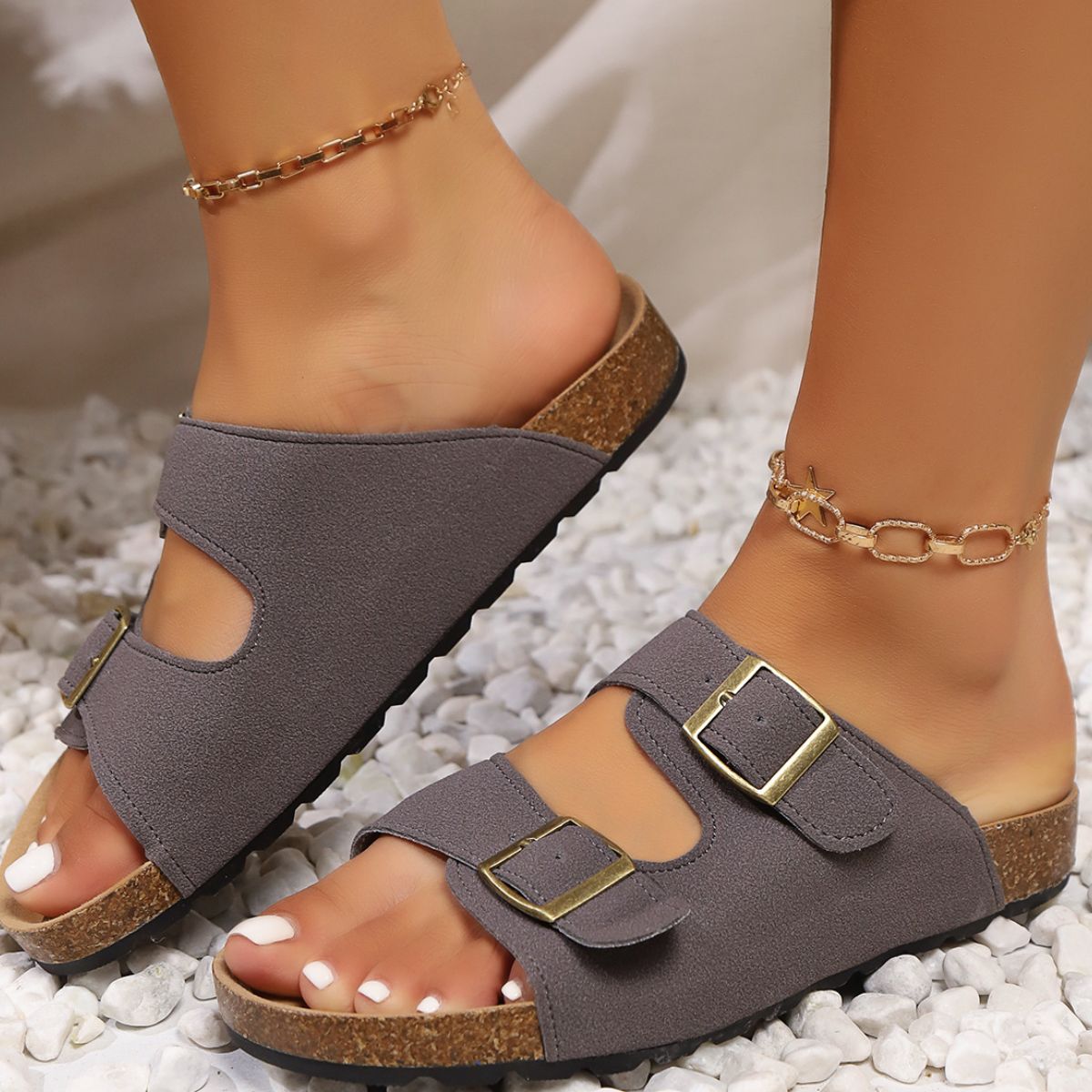 Double Buckle Open Toe Flats Sandals - Flip Flop Dynasty