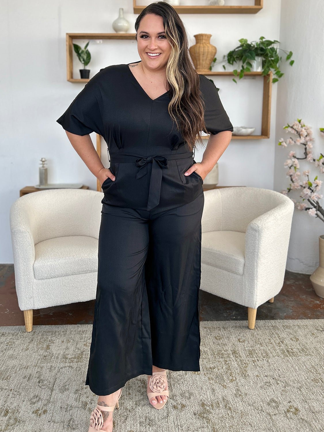 Double Take Full Size V - Neck Tied Side Slit Jumpsuit - Flip Flop Dynasty