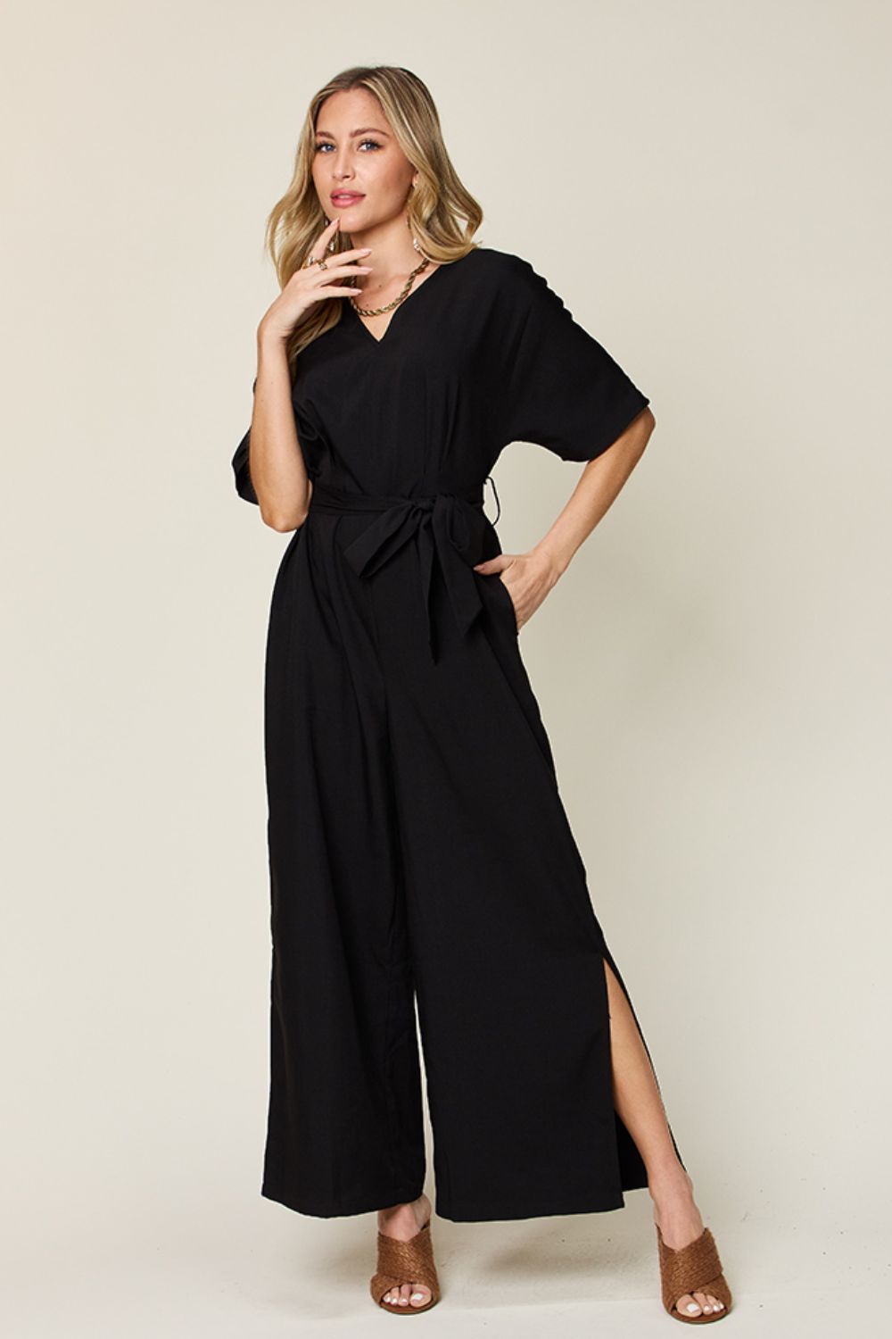 Double Take Full Size V - Neck Tied Side Slit Jumpsuit - Flip Flop Dynasty