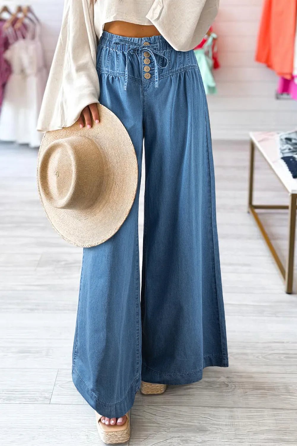 Drawstring Elastic Waist Wide Leg Jeans - Flip Flop Dynasty