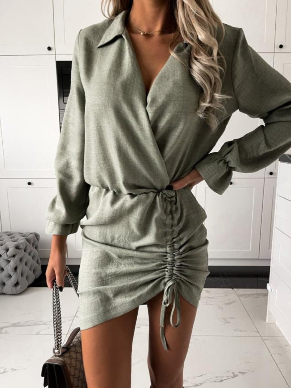 Drawstring Long Sleeve Mini Dress - Flip Flop Dynasty
