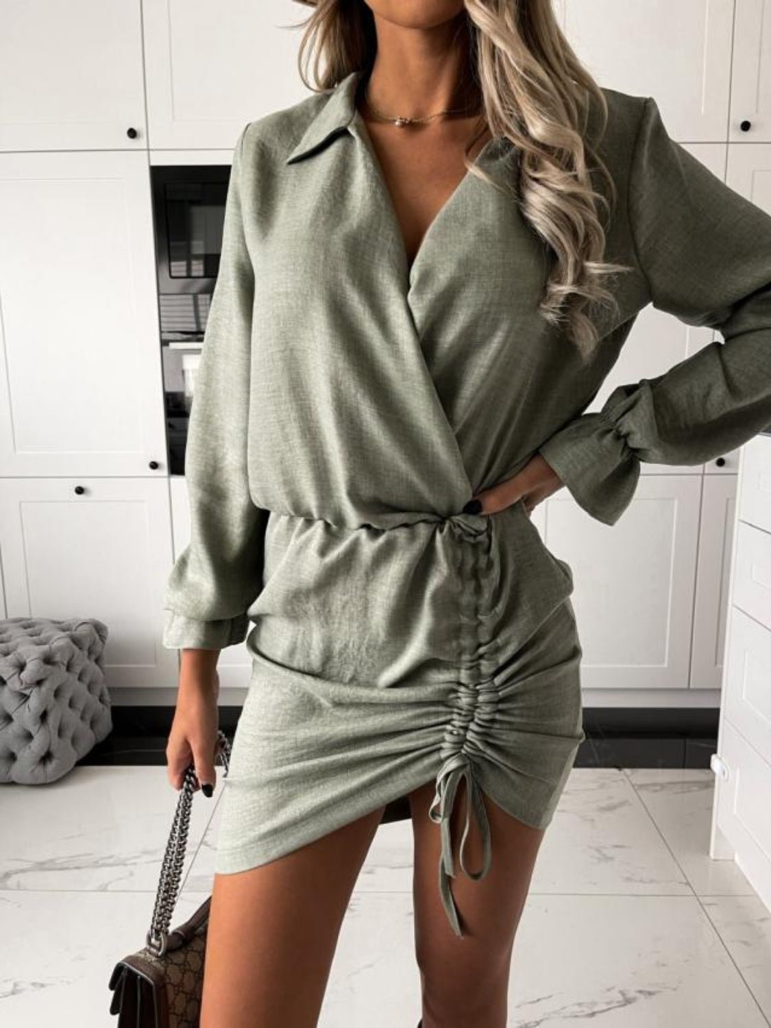 Drawstring Long Sleeve Mini Dress - Flip Flop Dynasty