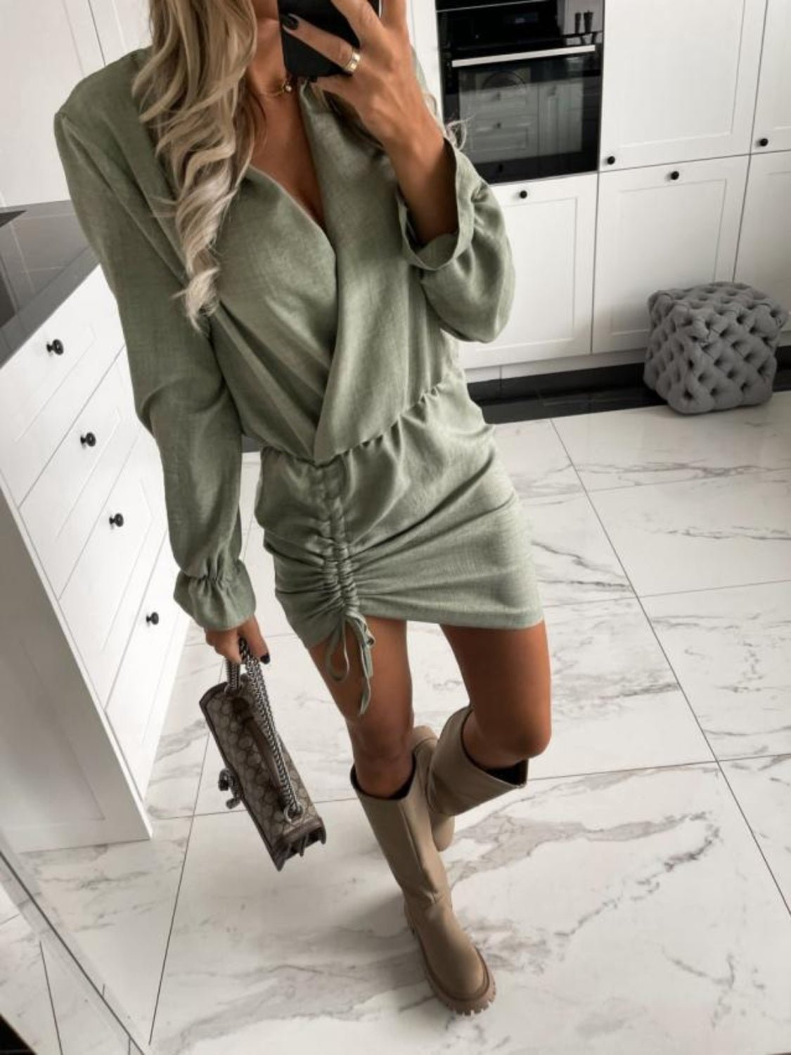 Drawstring Long Sleeve Mini Dress - Flip Flop Dynasty