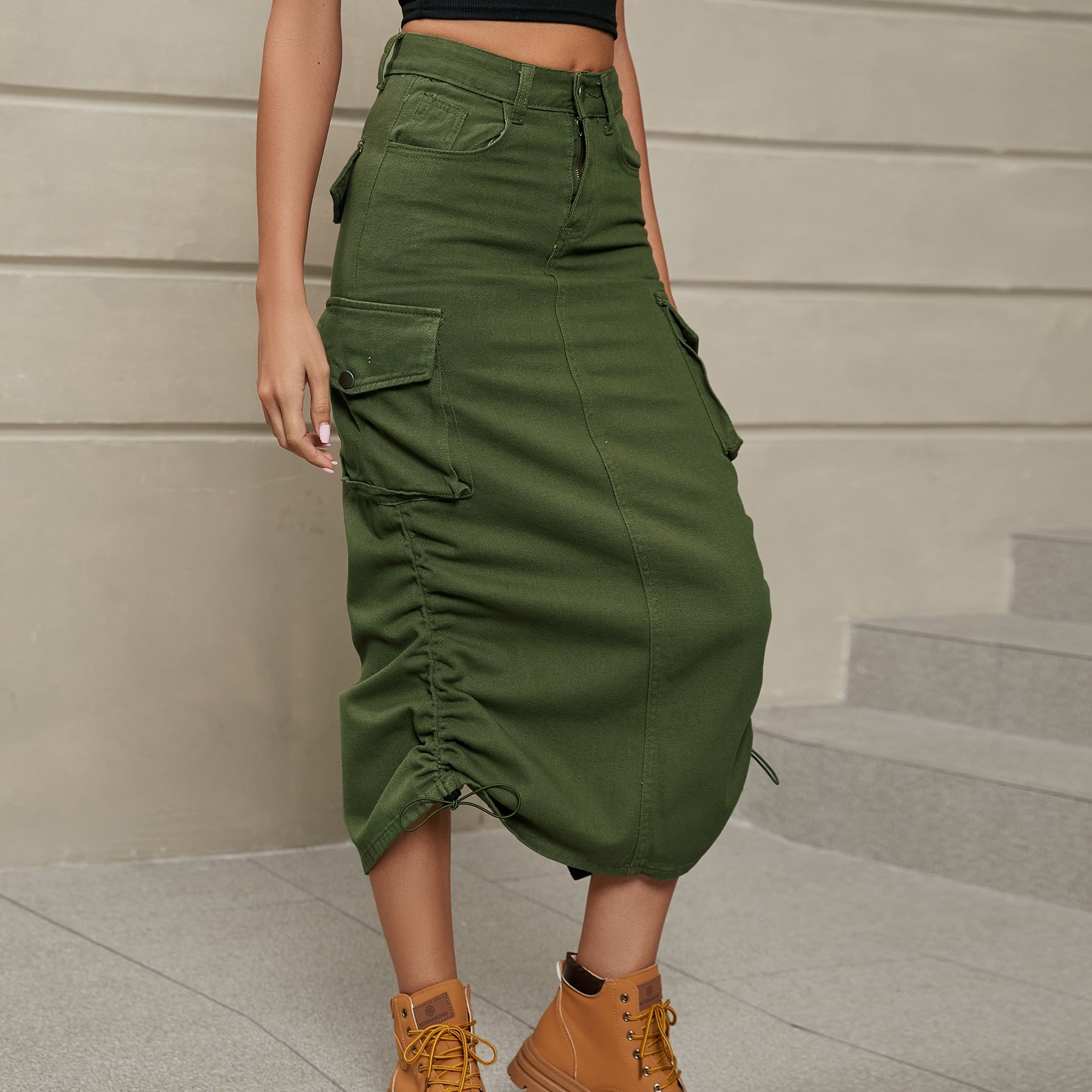 Drawstring Ruched Slit Denim Midi Skirt - Flip Flop Dynasty