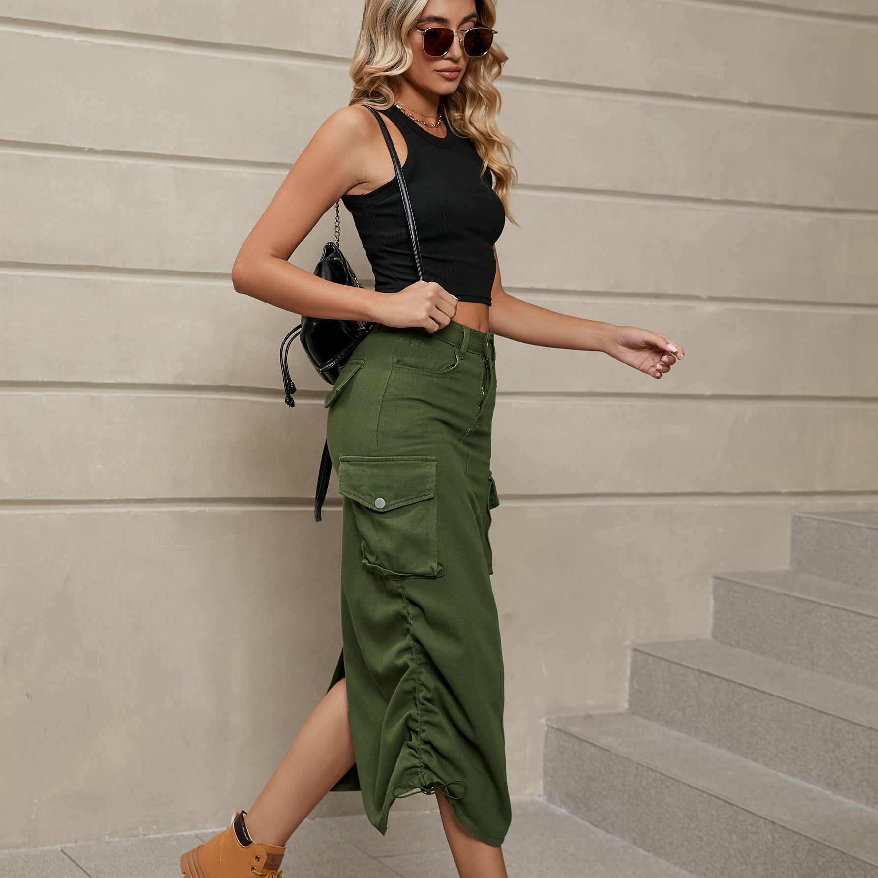 Drawstring Ruched Slit Denim Midi Skirt - Flip Flop Dynasty